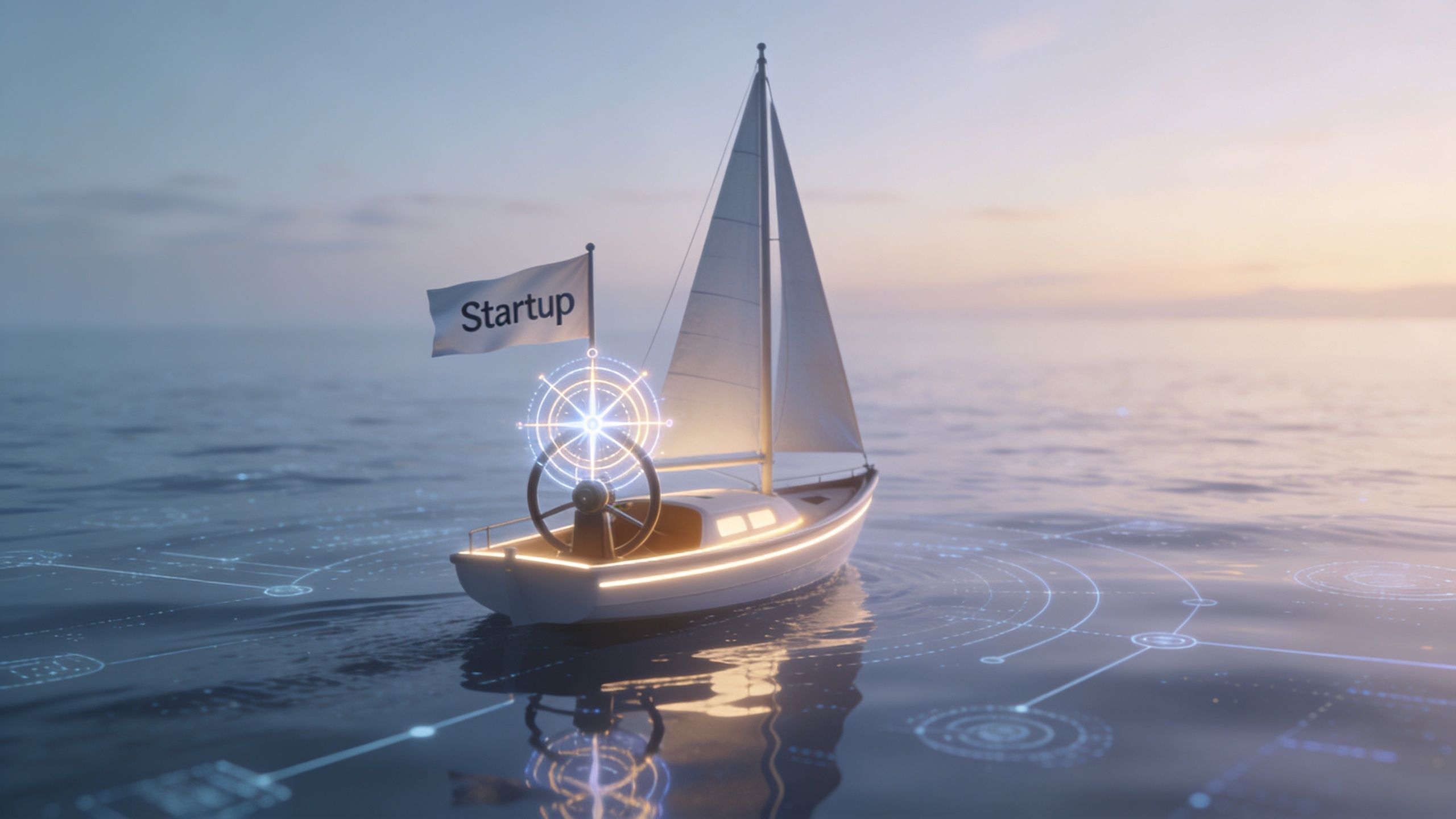 A small sailboat with a Startup flag navigating across a calm digital sea with glowing navigation elements.