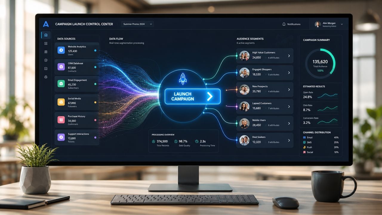 A computer monitor displaying a digital campaign launch dashboard with data visualization and audience segment analytics.