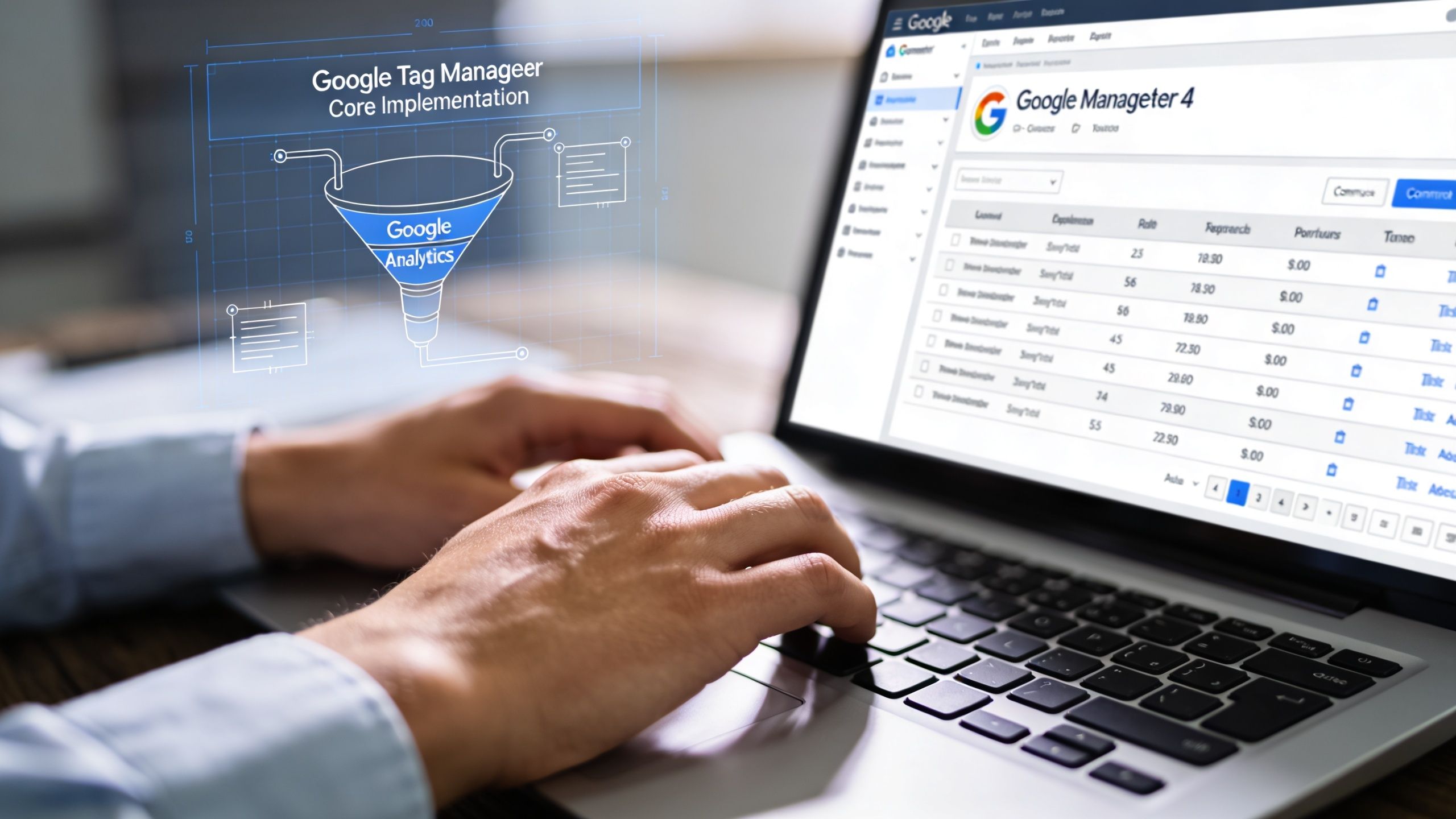 A person using a laptop to set up ecommerce conversion tracking with Google Tag Manager and Analytics.