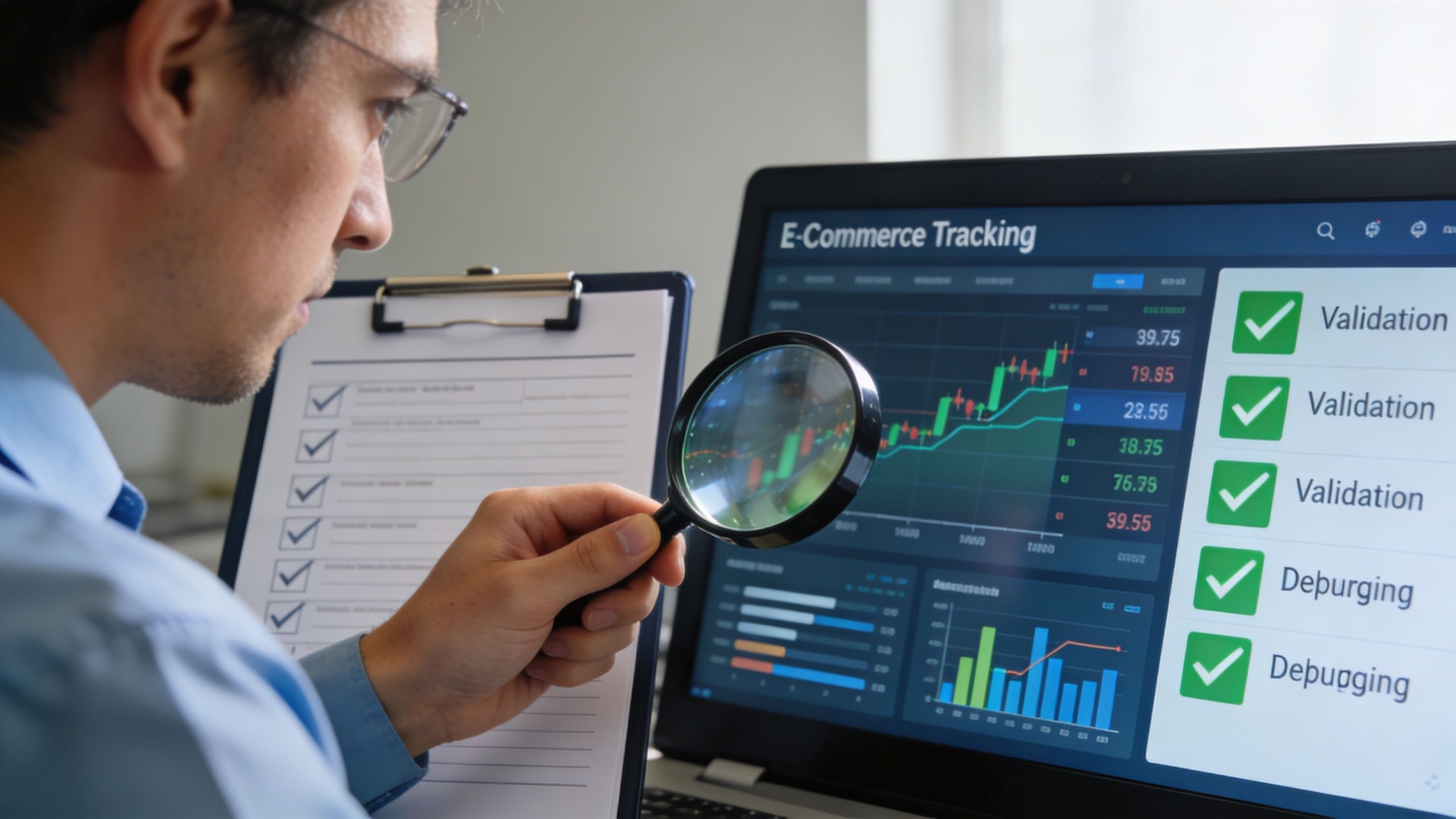 A professional analyzing e-commerce tracking data and analytics on a laptop screen with a magnifying glass.