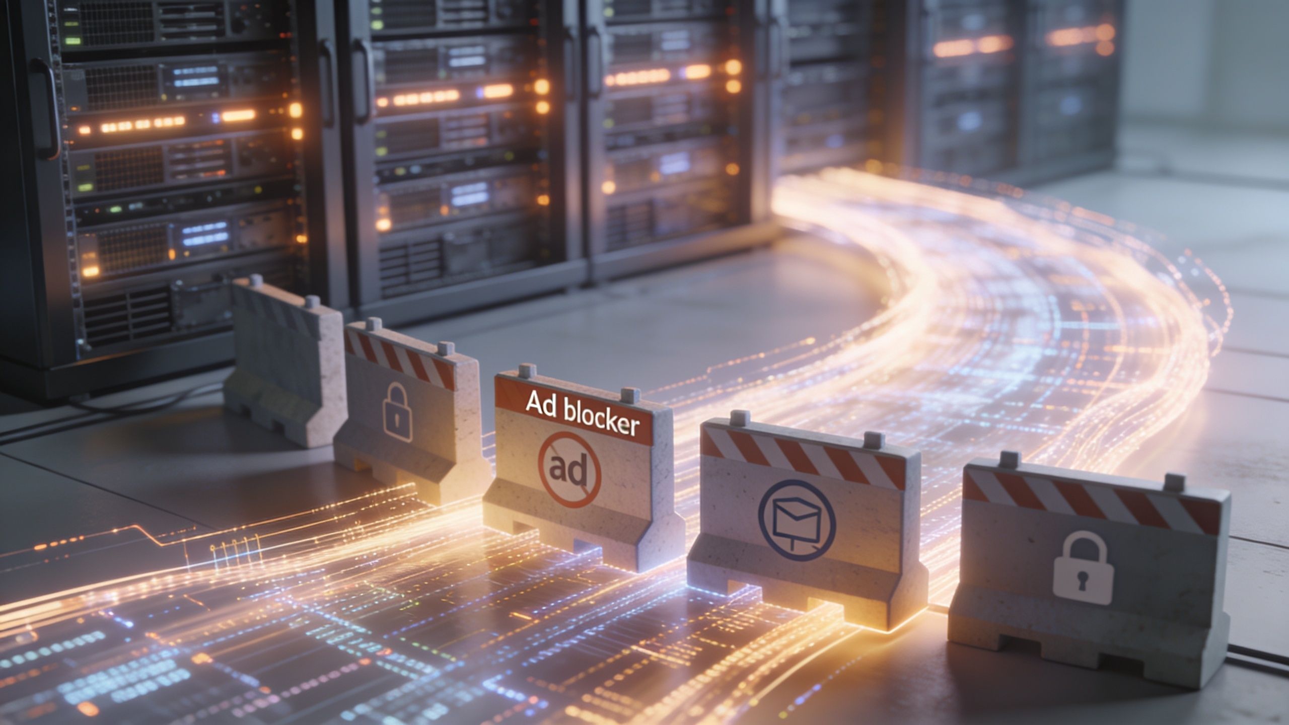 Conceptual illustration showing digital traffic diverted by ad blocker, email, and security road barriers in server room.