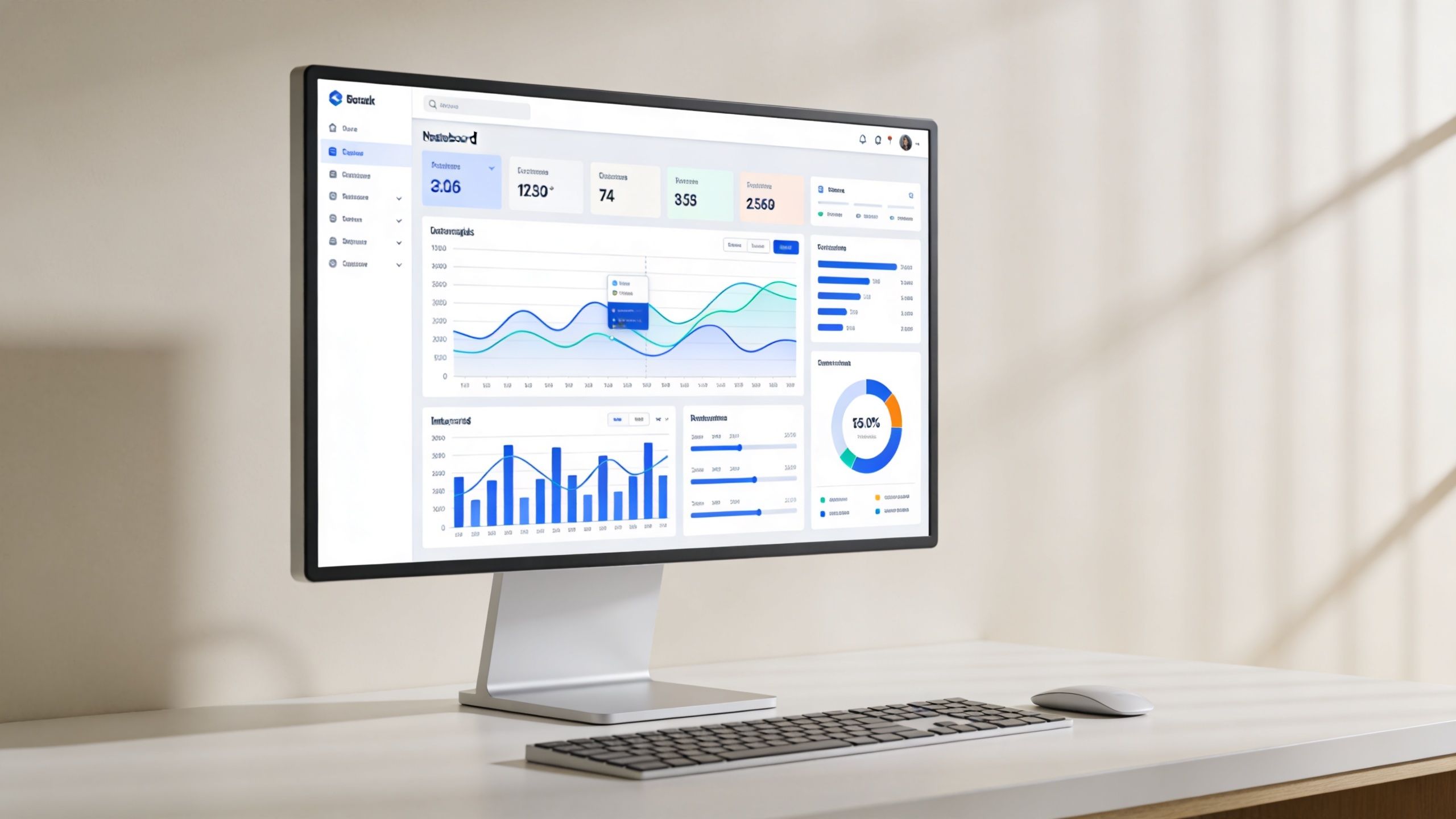 A modern computer monitor displaying a digital dashboard interface on a clean desk in a sunny room.