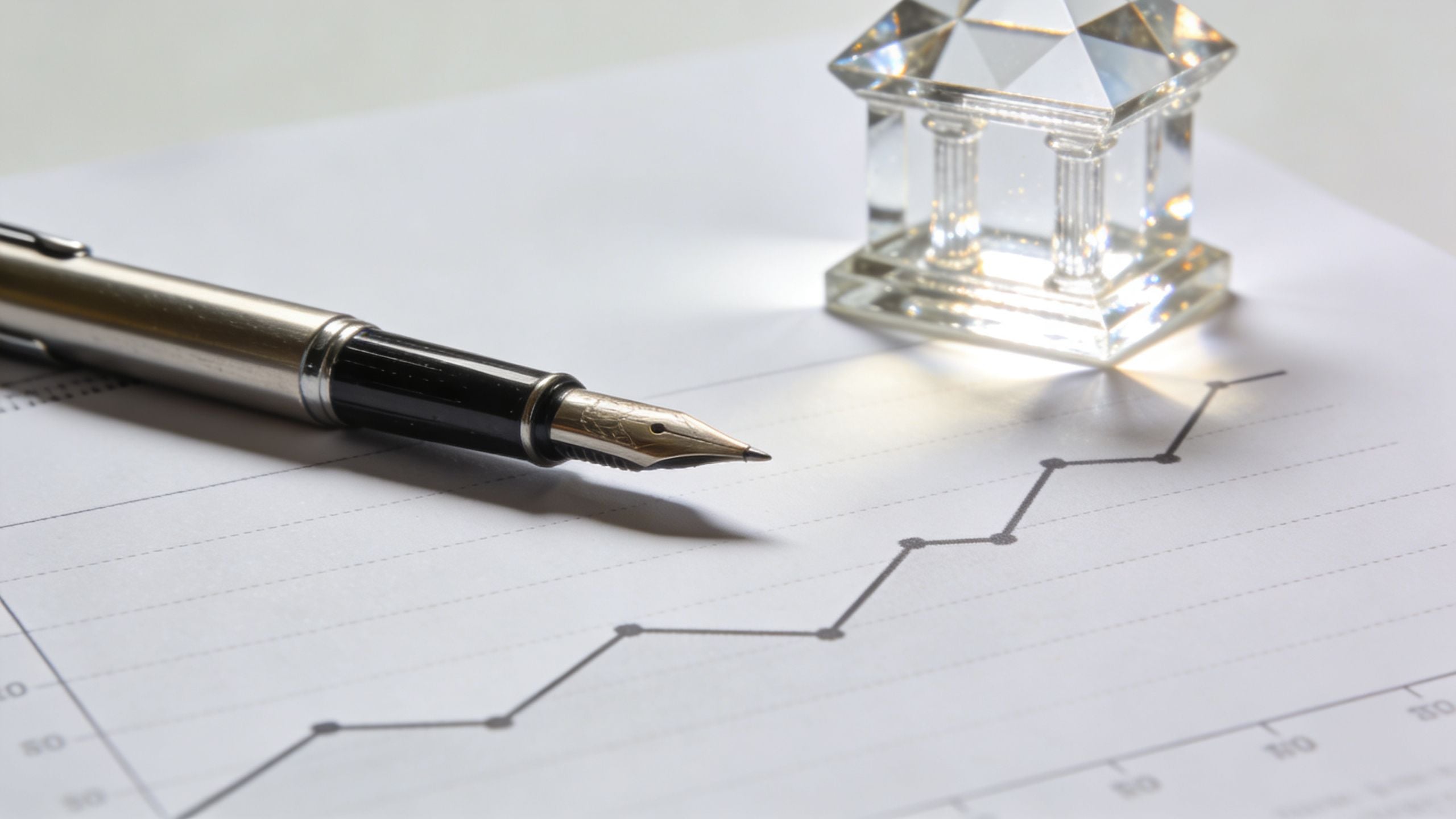 A fountain pen resting on a financial line graph next to a crystal model building.