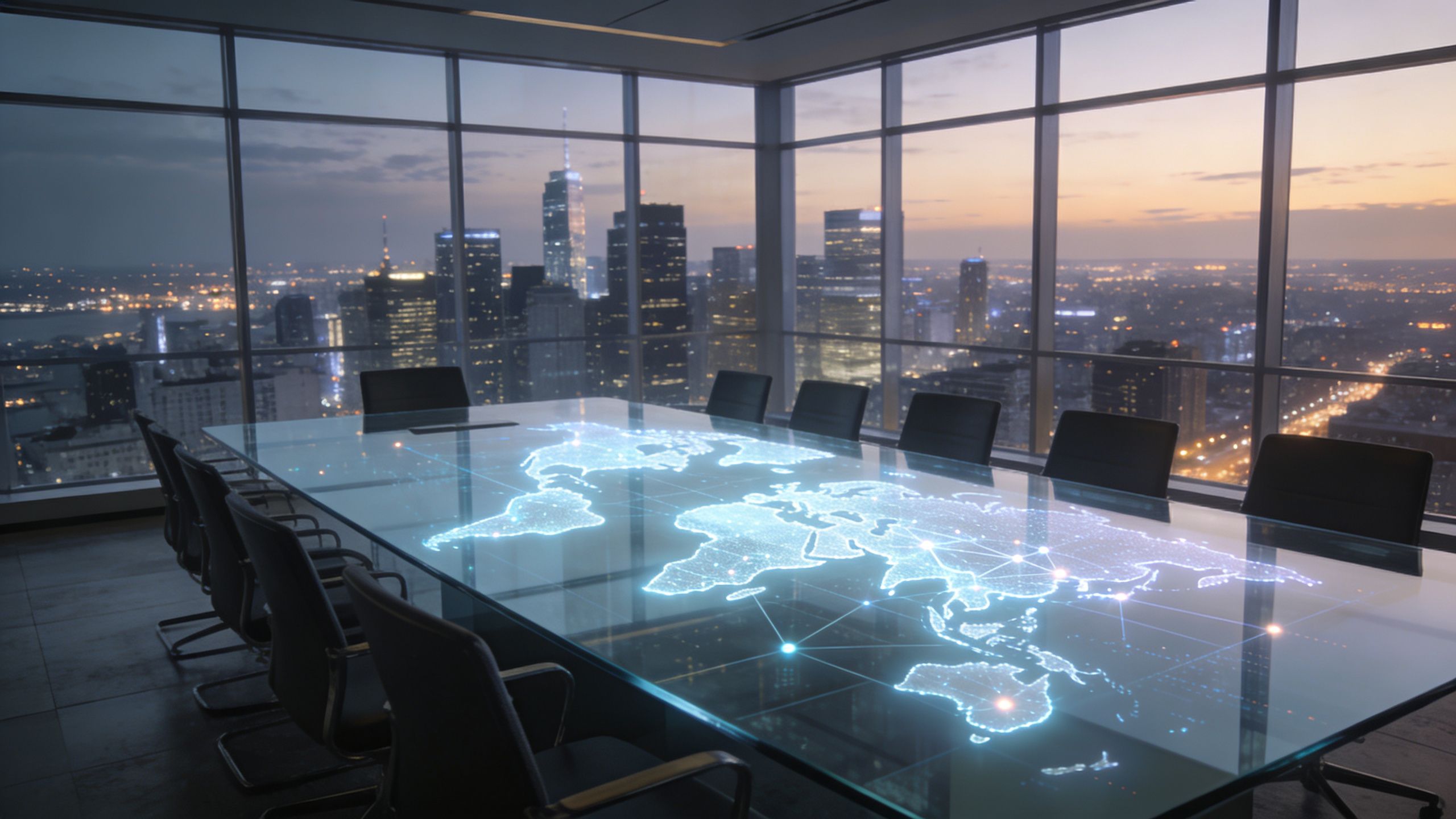 A modern corporate conference room overlooking a city skyline featuring a glowing digital world map projection.