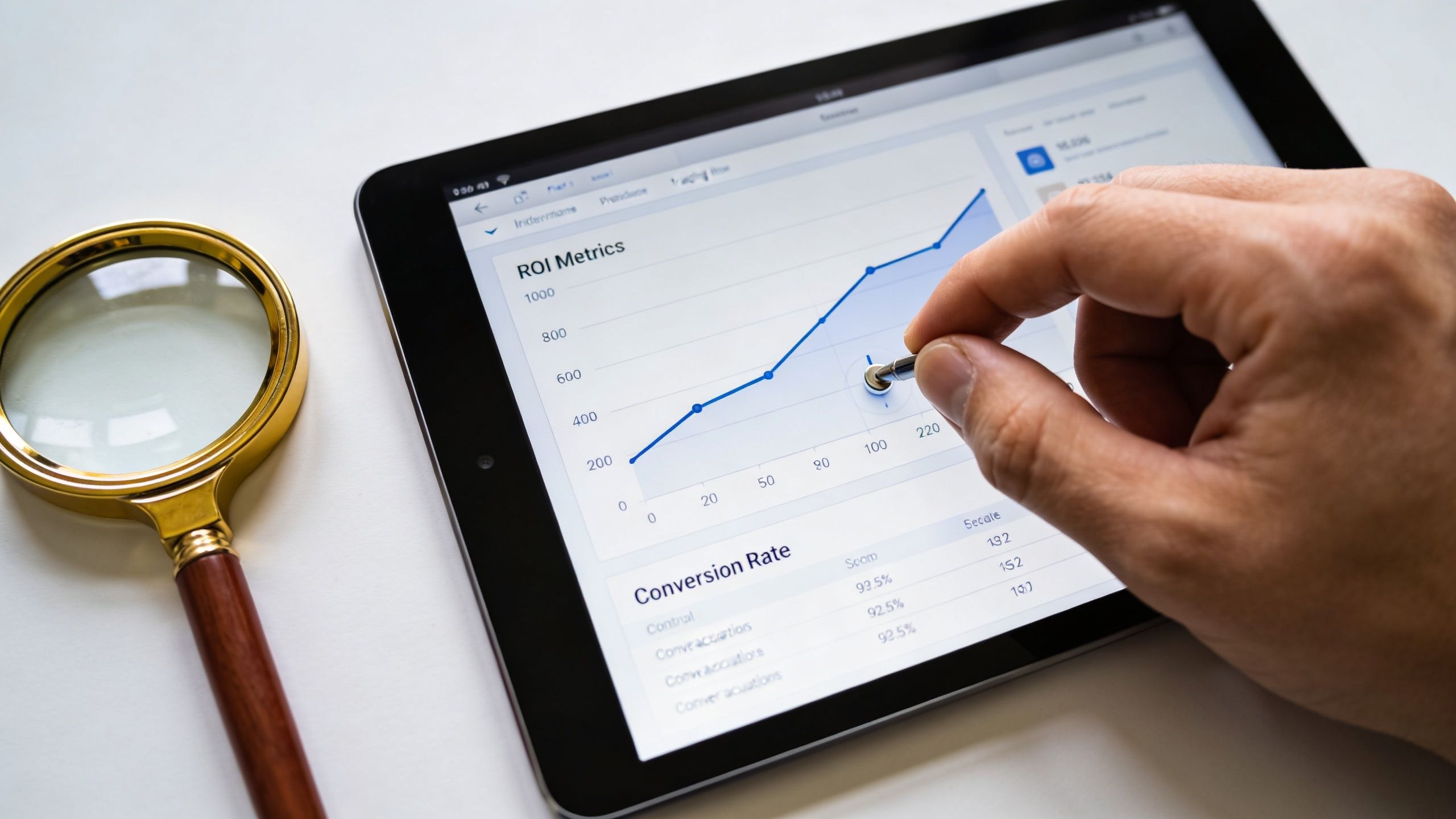 A person using a stylus to analyze ROI metrics and conversion rates on a tablet screen.