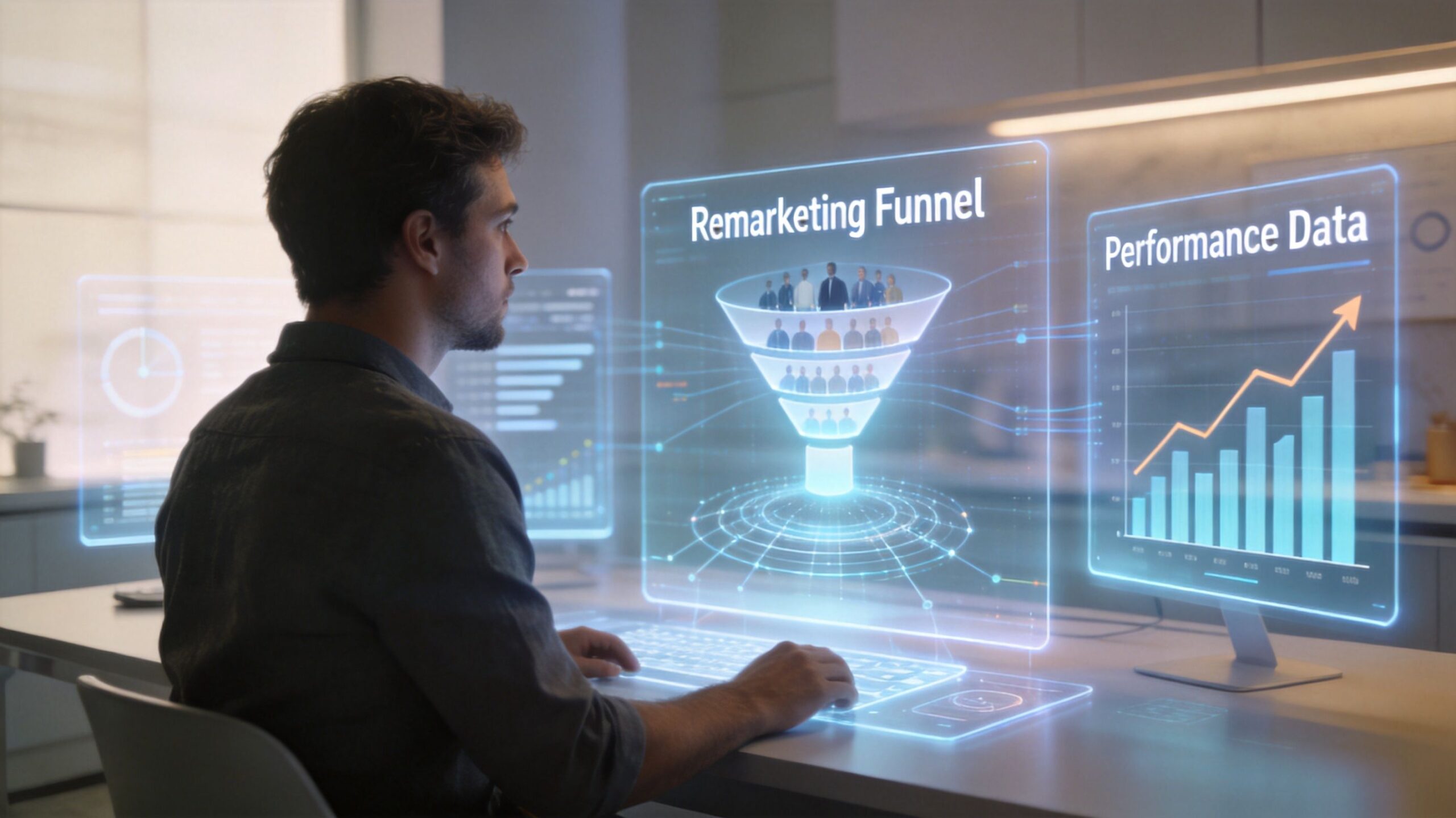 A professional analyzing a digital marketing funnel and performance data on futuristic holographic computer screens.