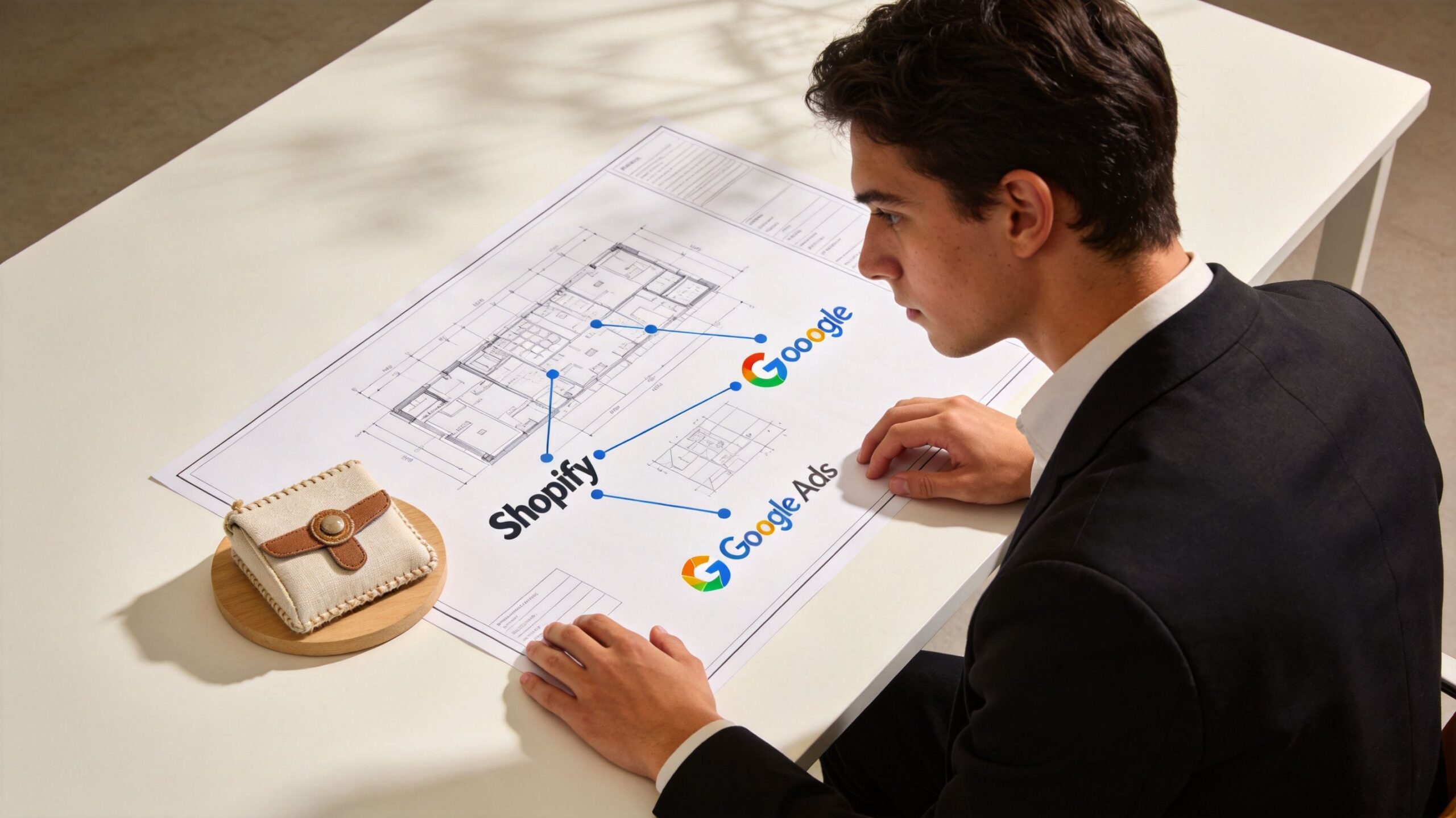 A professional man reviewing architectural plans with integrated Shopify and Google Ads digital marketing strategy logos.
