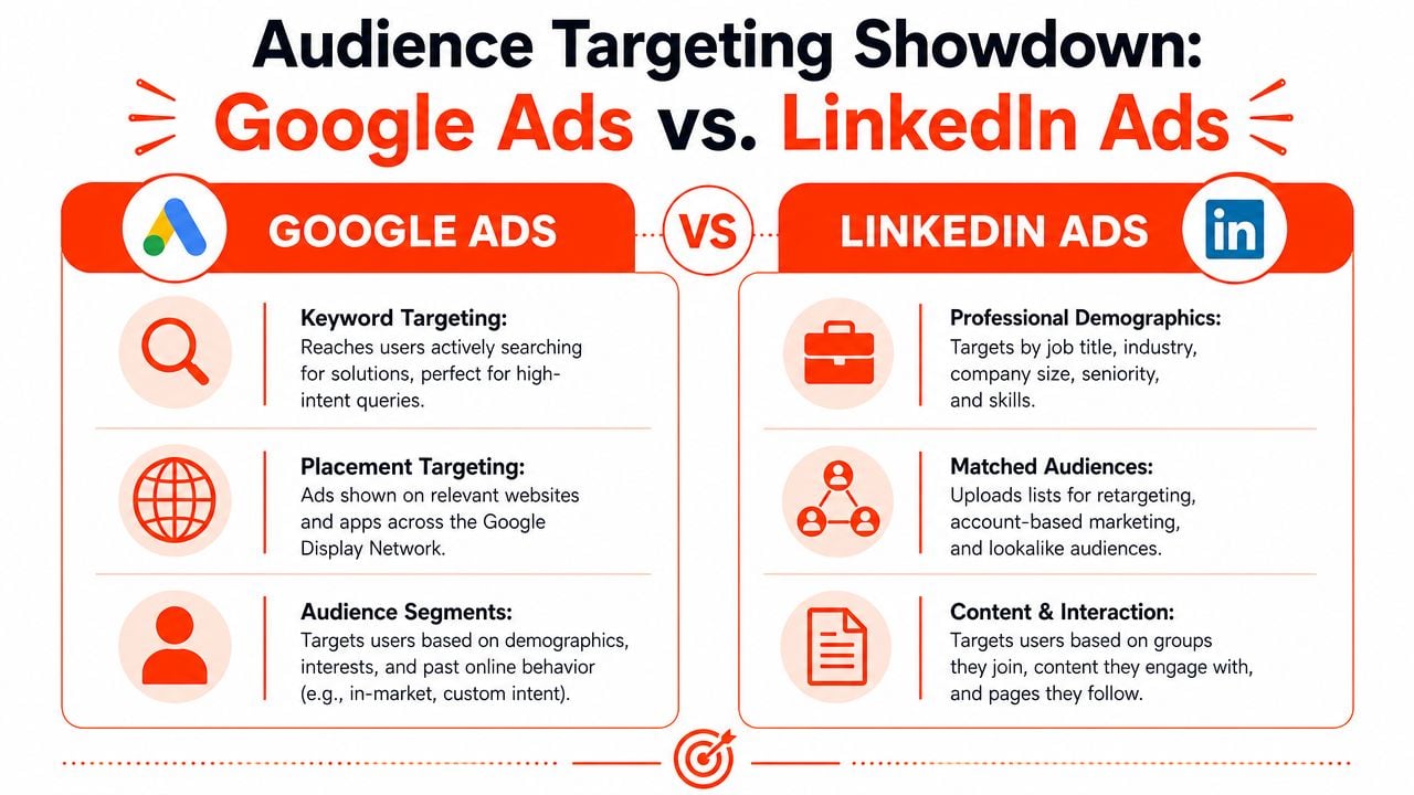 An infographic comparing audience targeting methods for Google Ads and LinkedIn Ads for B2B marketing strategies.