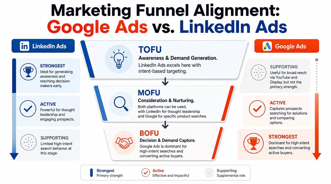 A marketing funnel diagram comparing the roles of Google Ads and LinkedIn Ads across TOFU, MOFU, and BOFU stages.
