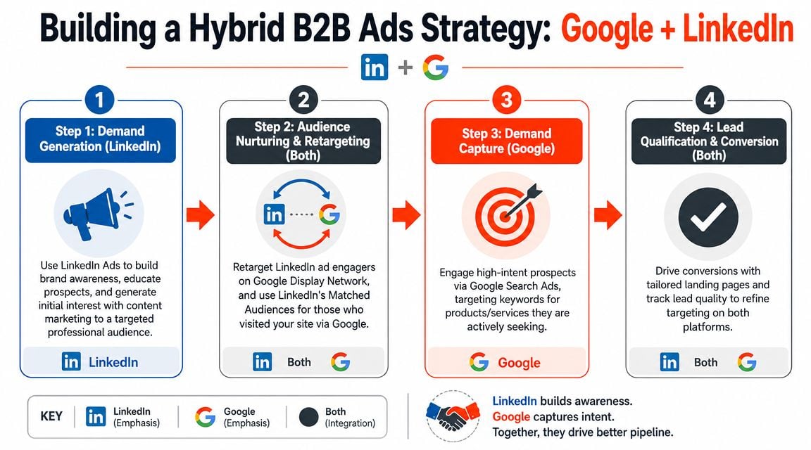 A diagram outlining a four-step hybrid B2B marketing strategy combining LinkedIn demand generation and Google intent capture.