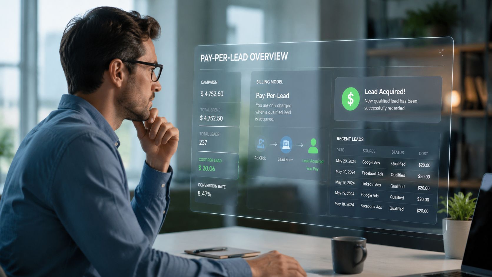 A professional analyzing a pay-per-lead marketing dashboard on a transparent digital screen in an office.
