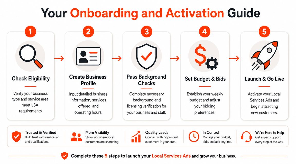 A five-step guide on onboarding and activating Google Local Services Ads for business growth and verification.