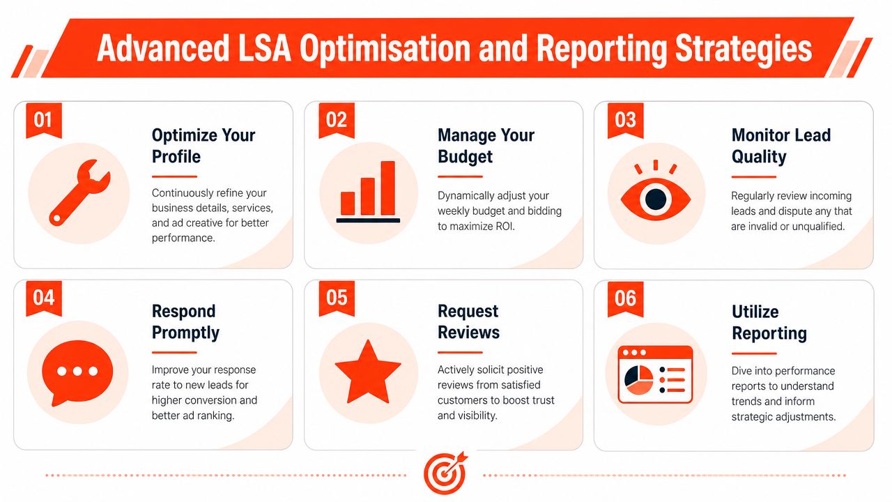 A visual guide illustrating six key strategies for optimizing Google Local Services Ads performance and reporting.