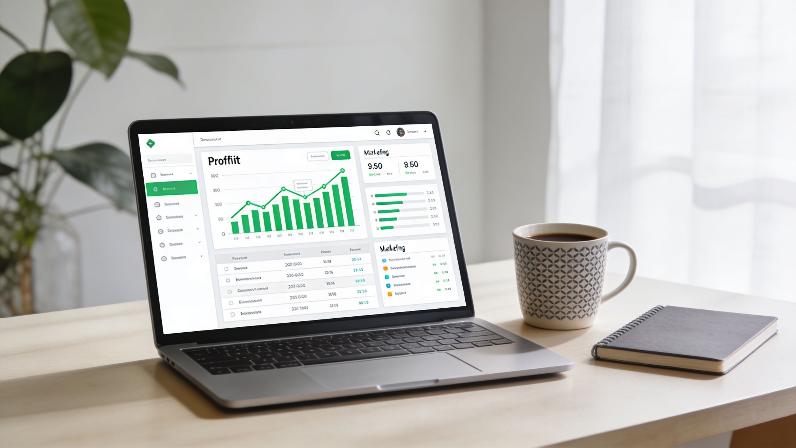 A modern laptop displaying a professional business analytics dashboard on a clean office desk.