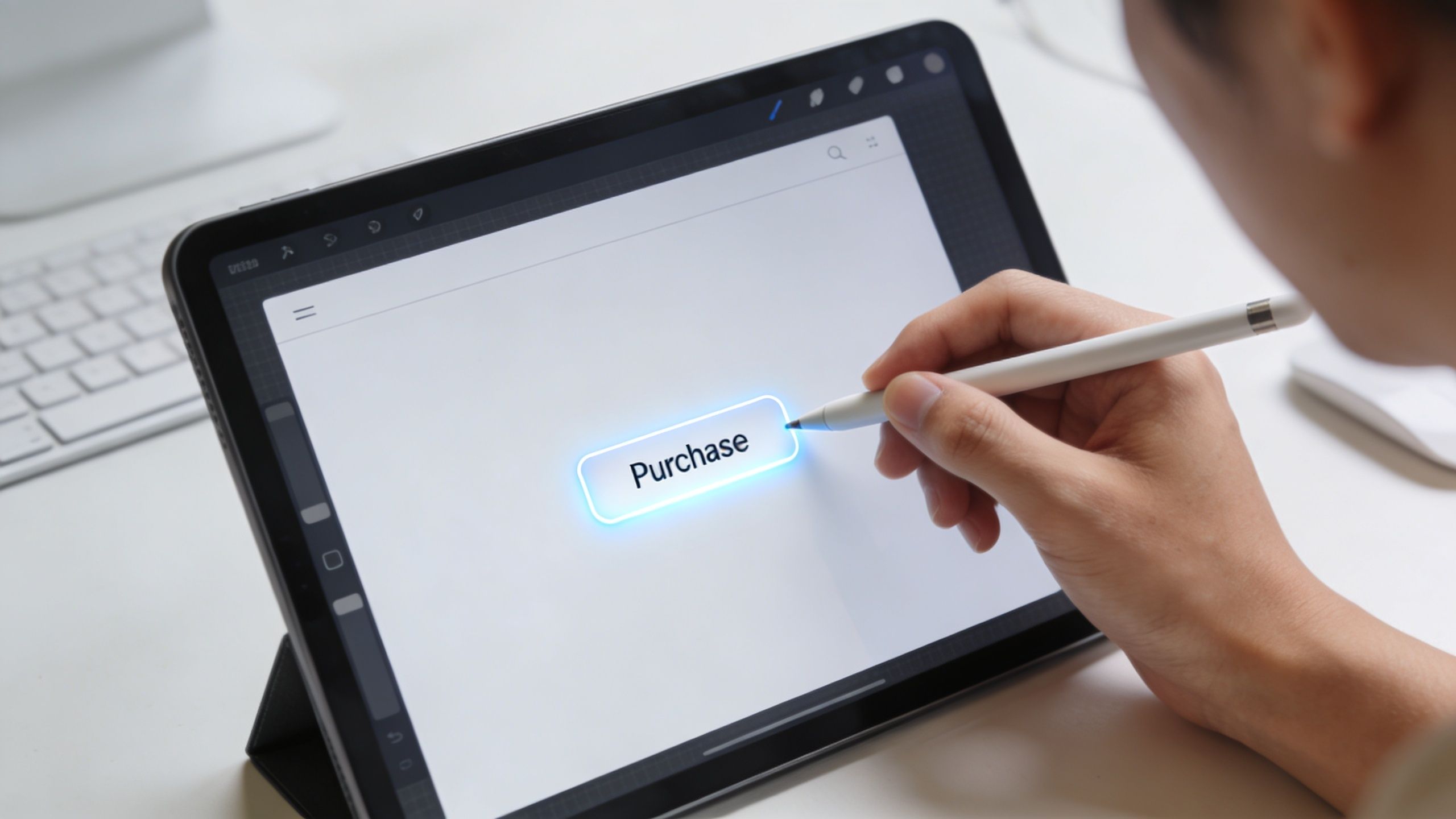 A person using a stylus on a tablet screen to select a digital purchase button.