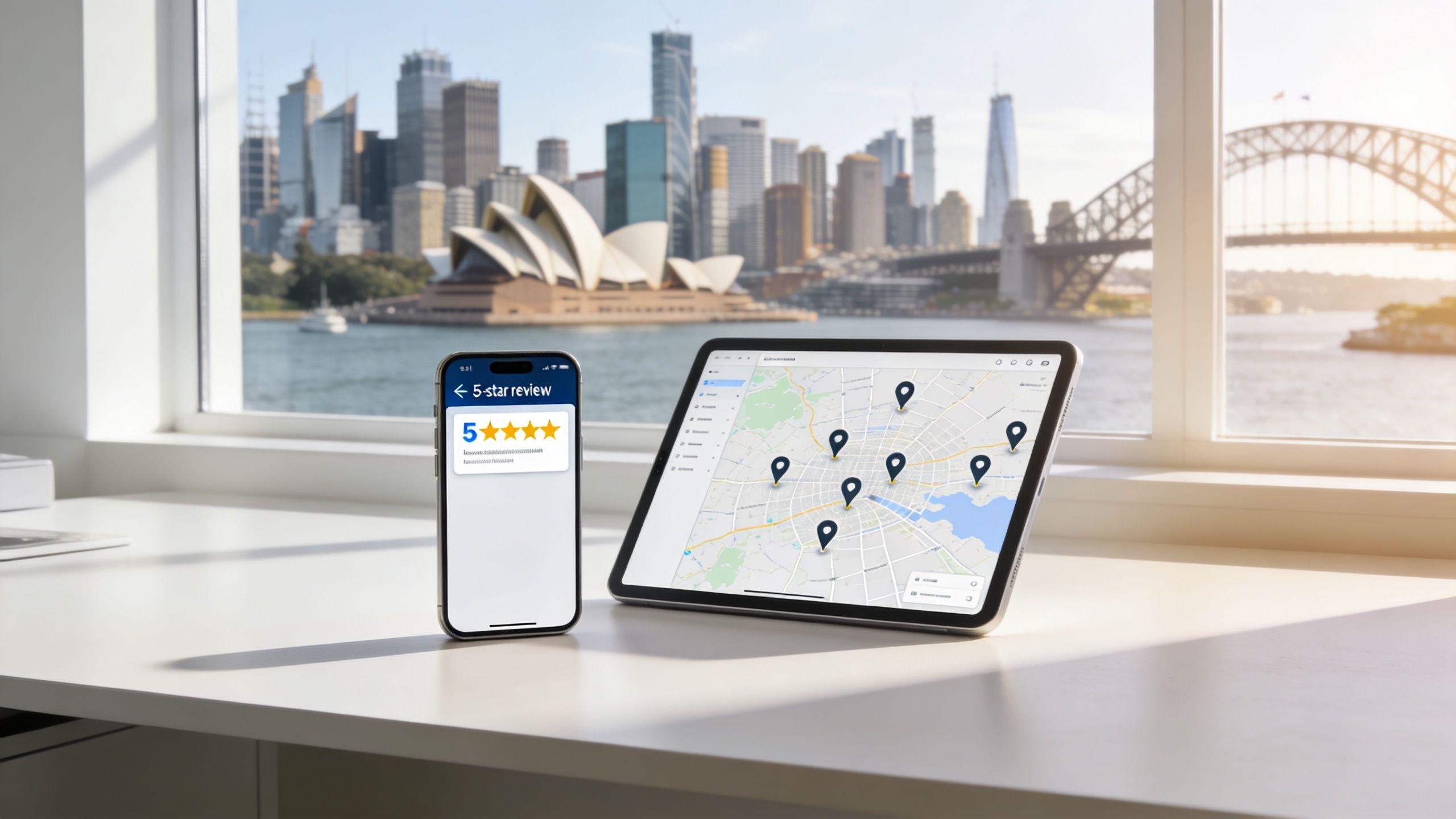 A smartphone and a tablet showing maps and reviews placed on a desk with a Sydney harbor background.