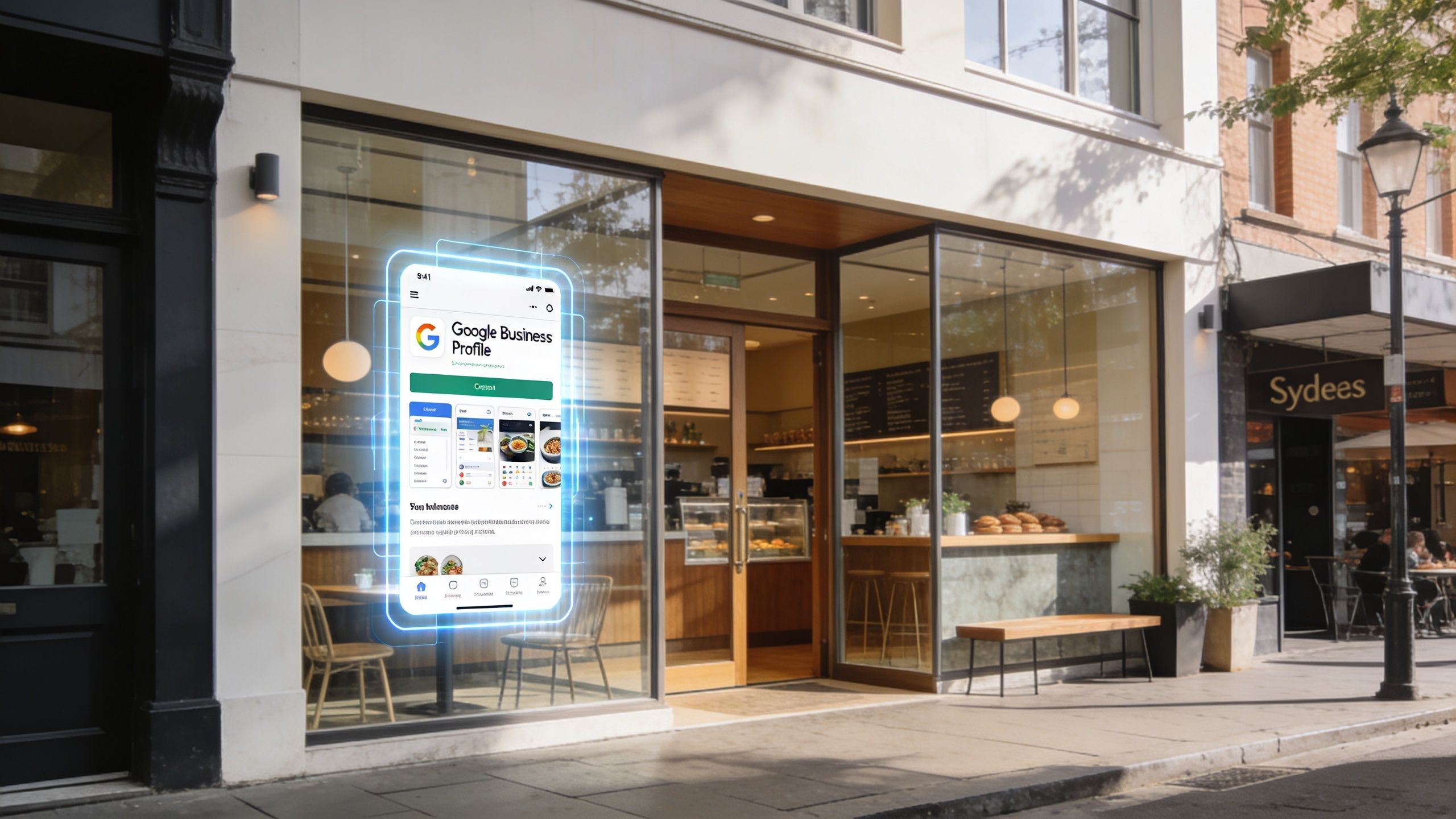 A smartphone screen displaying a Google Business Profile interface superimposed onto a shop window in Sydney.