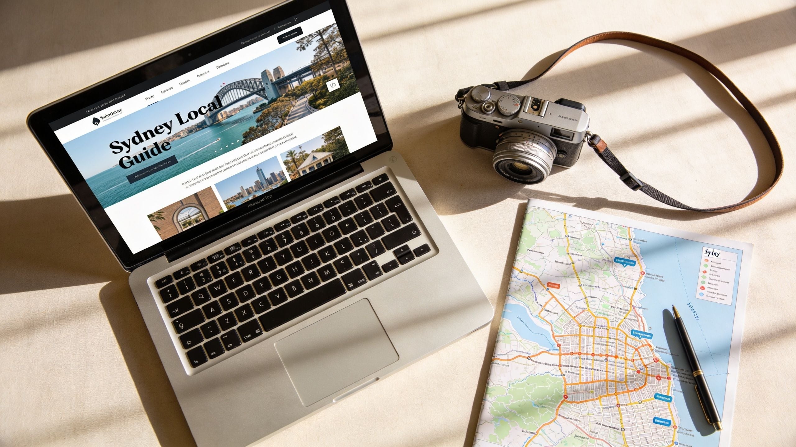 An open laptop displaying a Sydney local guide website, next to a vintage camera and city map.