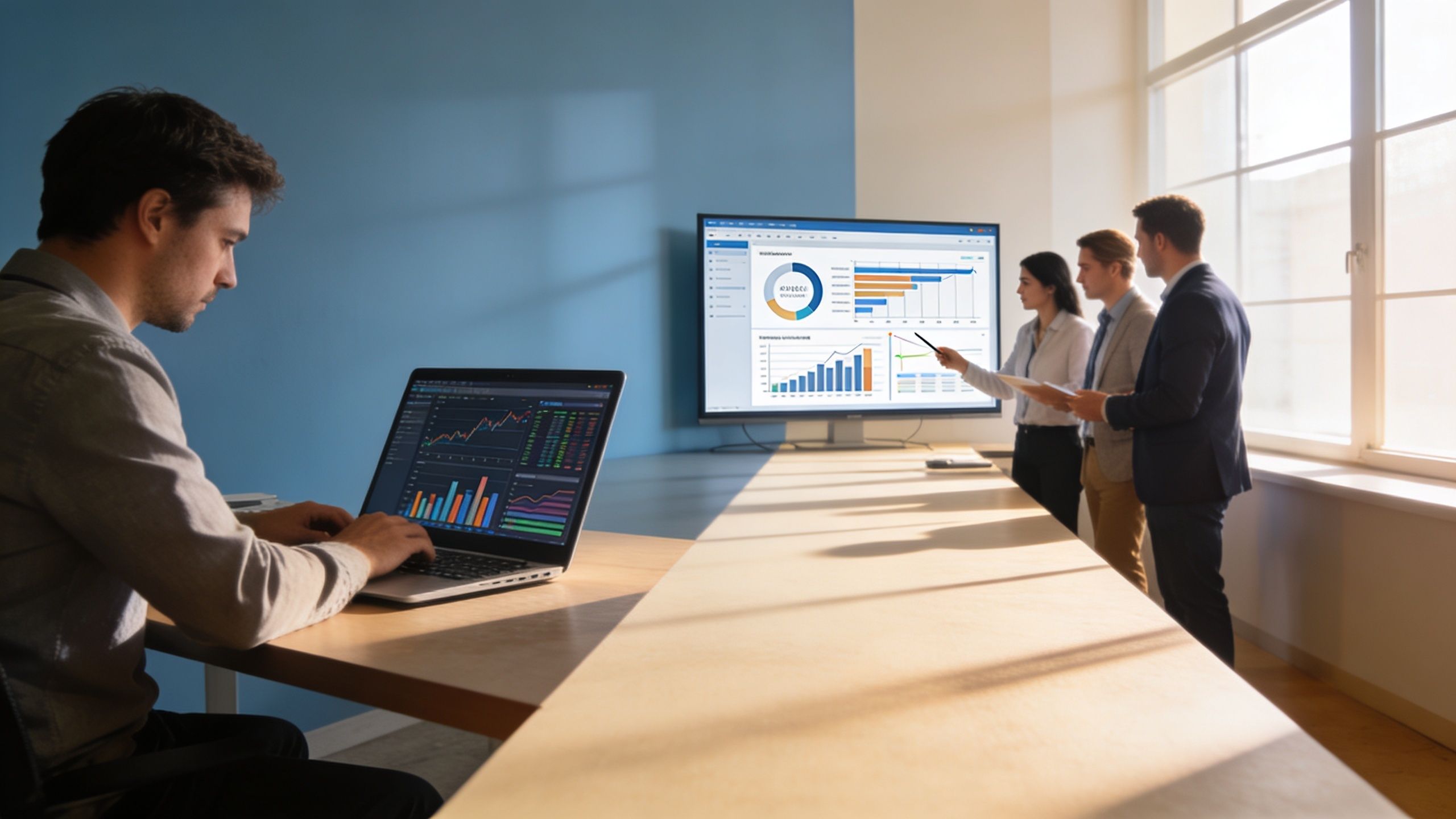 A professional business team collaborating on data analytics in a modern office space with laptops.