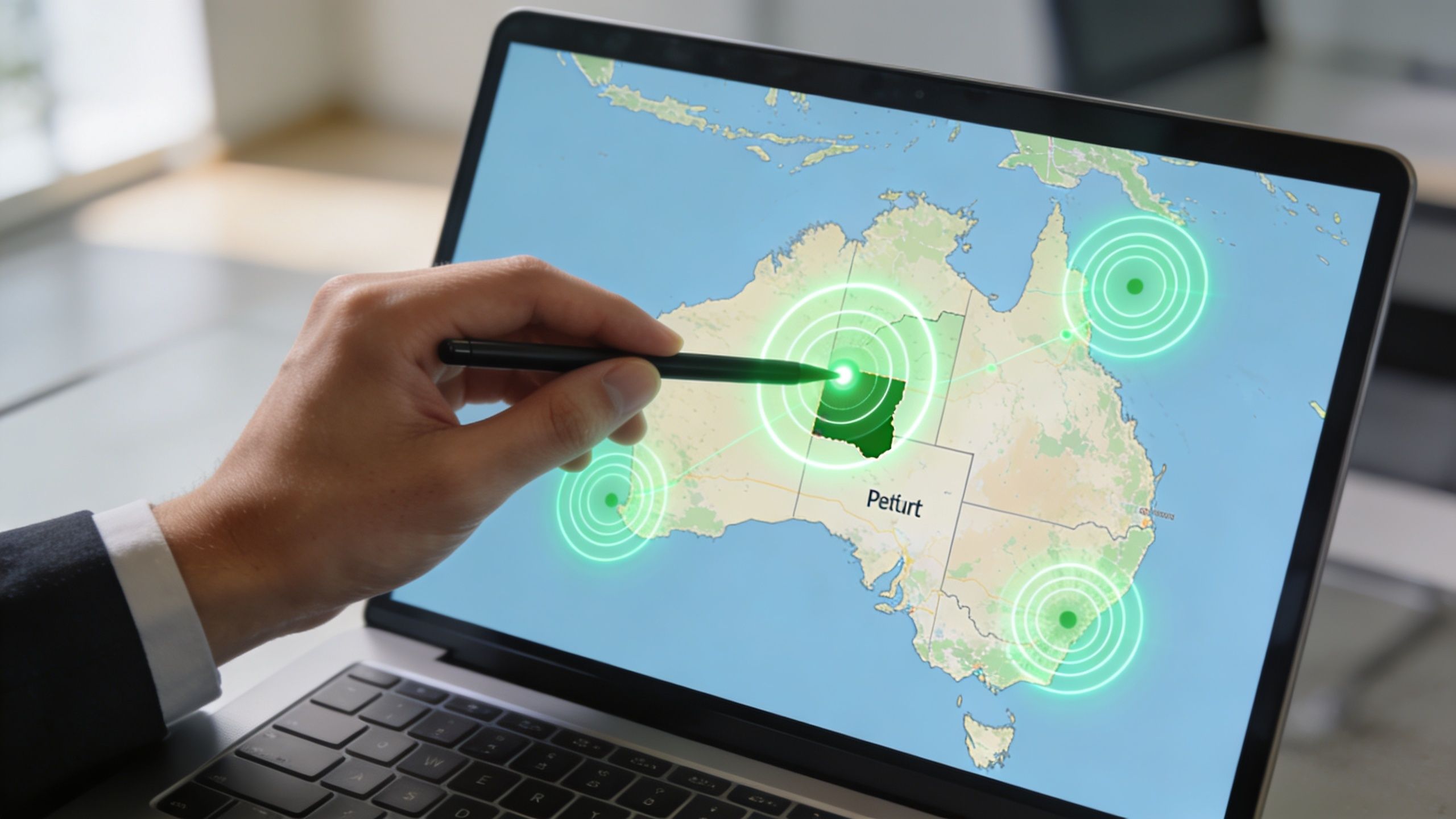 A professional hand using a stylus on a laptop screen displaying an interactive map of Australia.