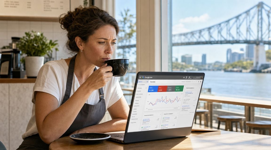 A cafe worker thoughtfully drinking coffee while reviewing Google Ads performance data on a laptop.