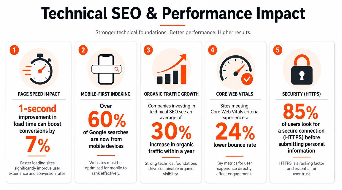 An infographic detailing five key factors of technical SEO, including page speed, mobile indexing, and site security.