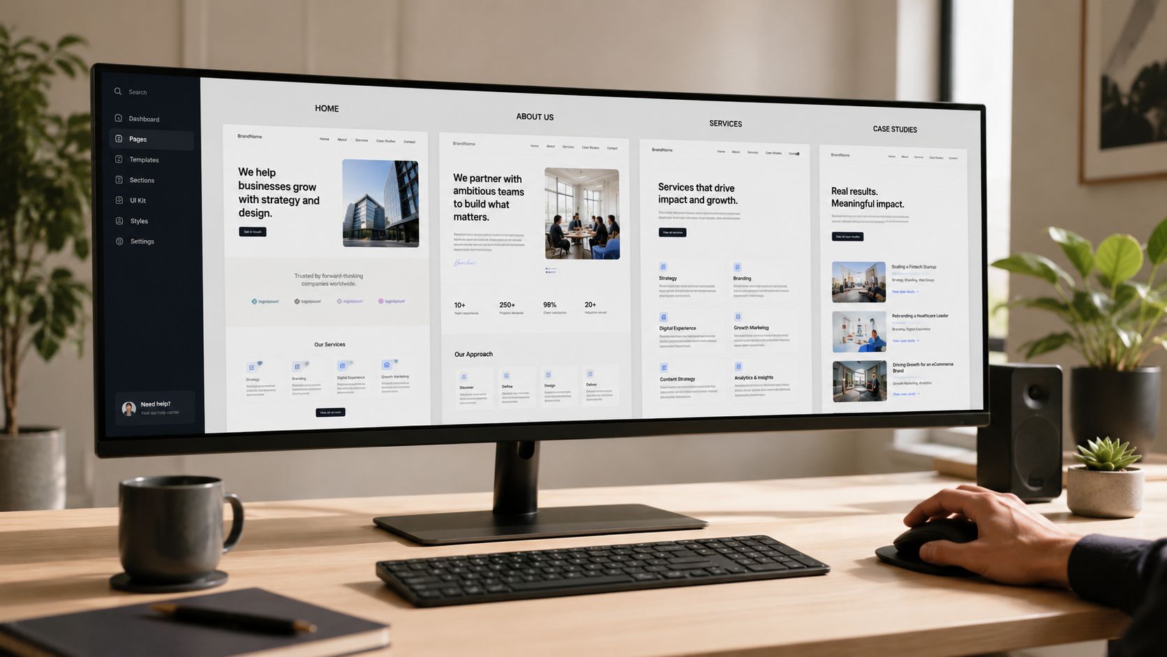 A wide computer monitor displaying multiple professional website design layouts in a clean and modern workspace environment.