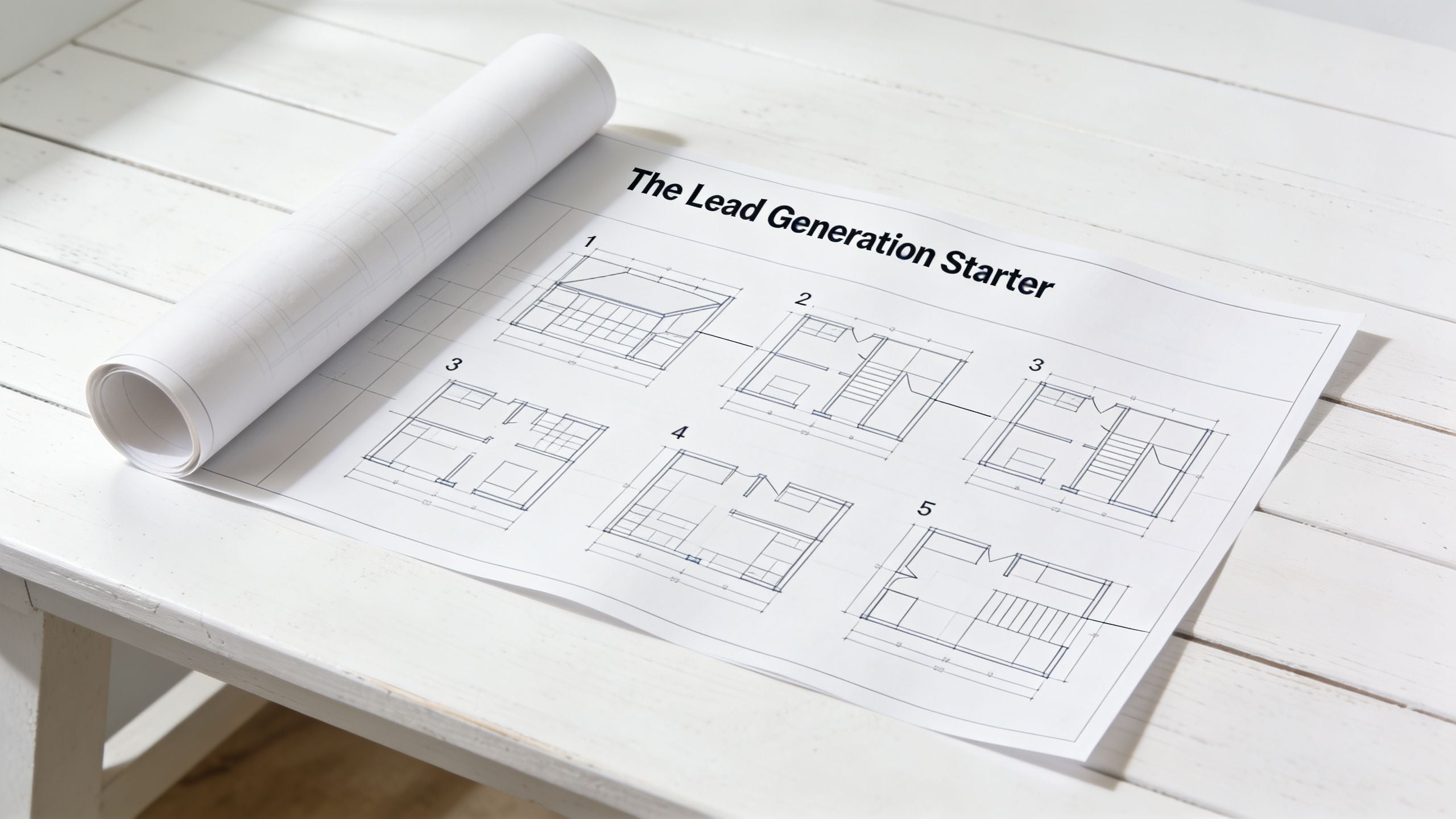 A blueprint with architectural floor plans titled The Lead Generation Starter lying on a white wooden table.