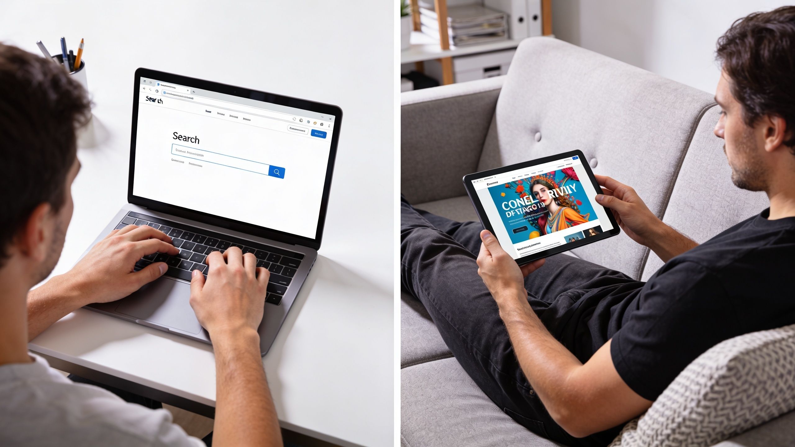 A split-screen view showing a man searching on a laptop and another viewing ads on a tablet.