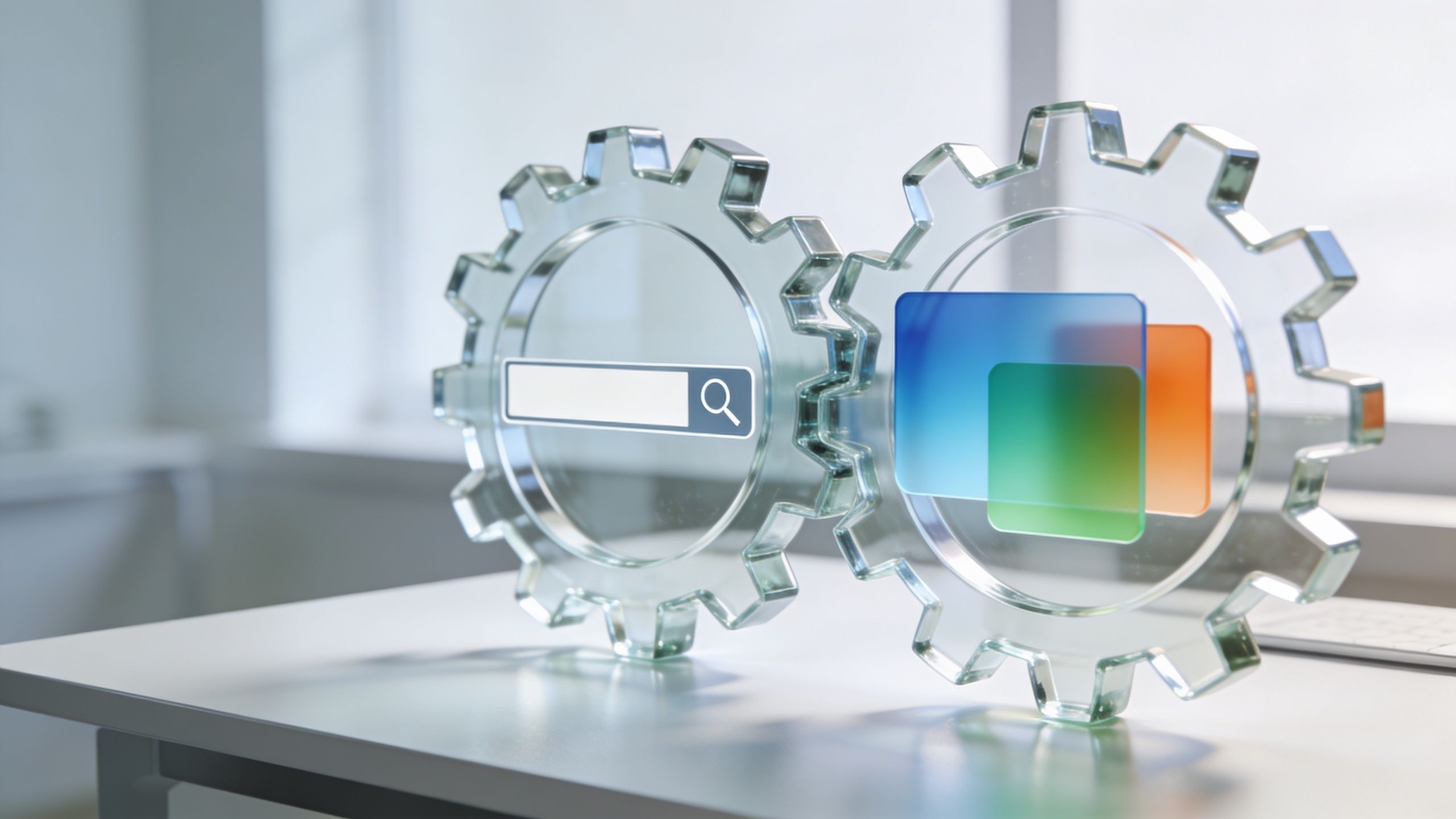 Two glass gears on a desk representing search and display advertising concepts with icons inside.
