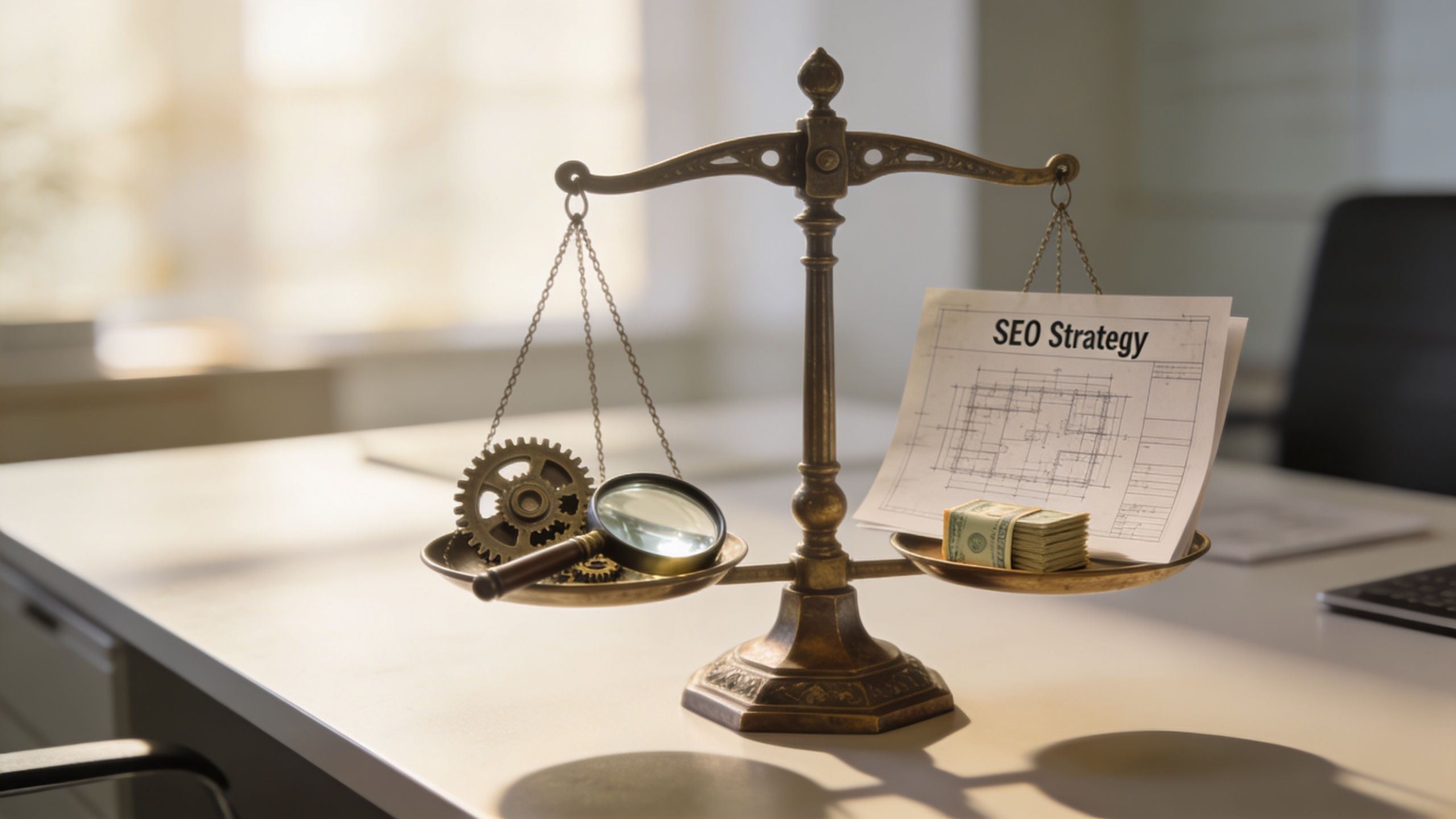 A balanced scale featuring gears and a magnifying glass on one side and a money stack on the other.