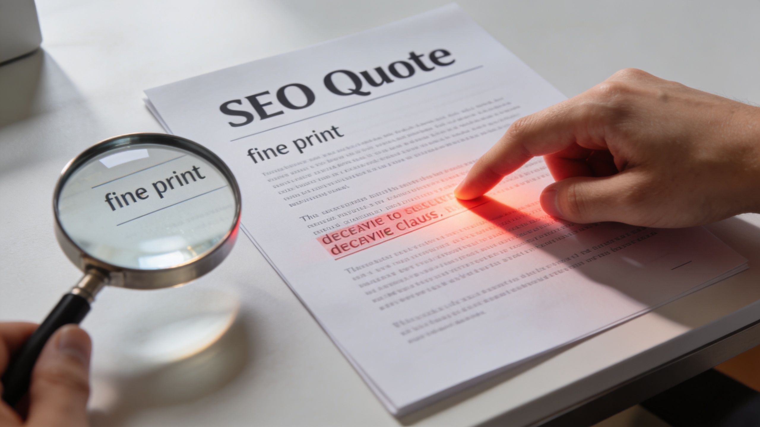 A close up view of a hand highlighting suspicious fine print on an SEO quote document.