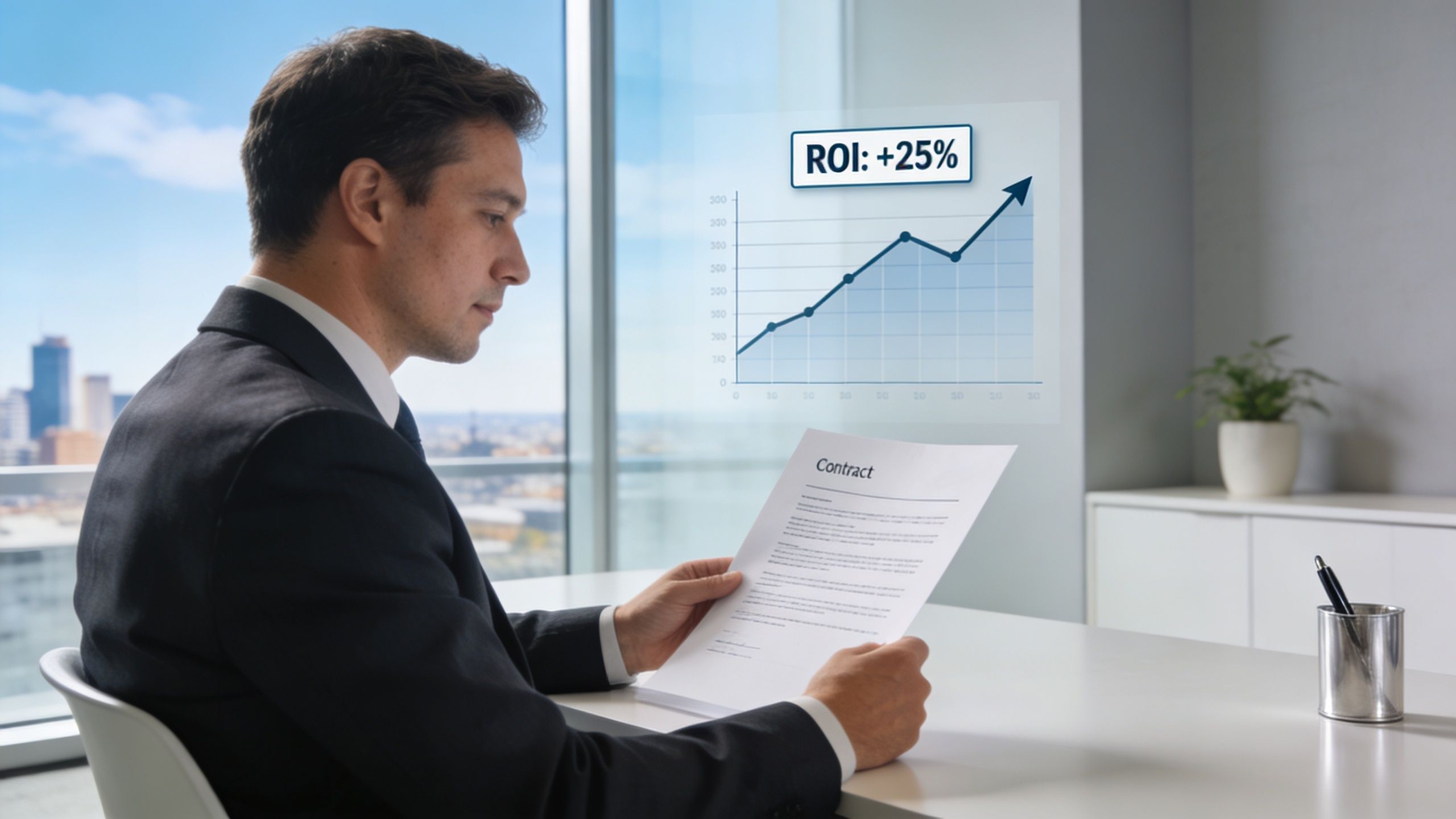 A professional businessman in a suit reviewing a contract with a digital growth chart showing positive ROI.