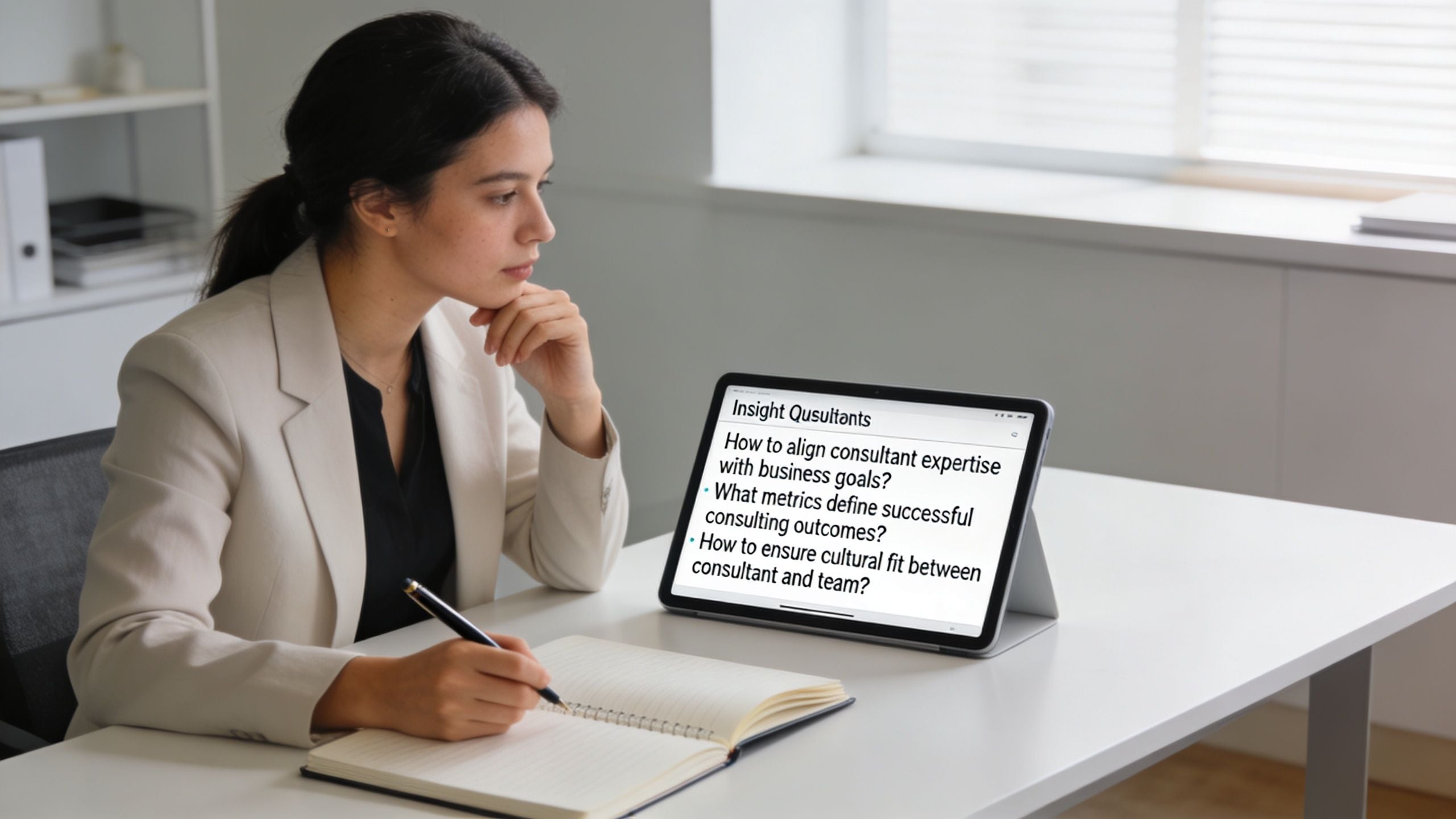 A professional woman sitting at a desk writing in a notebook while viewing consulting questions on a tablet.
