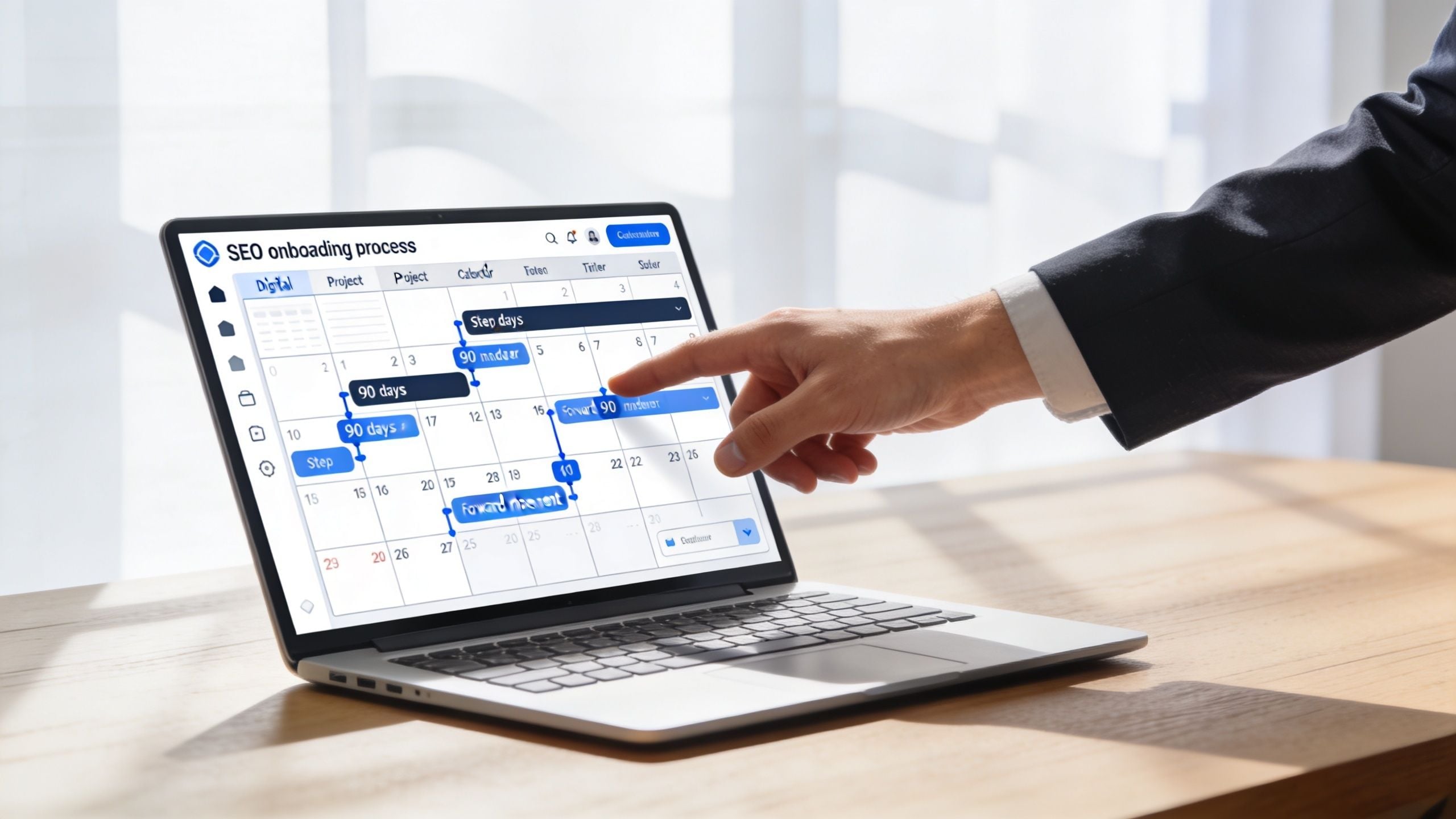 A professional SEO consultant pointing at a detailed onboarding process calendar on a laptop screen.
