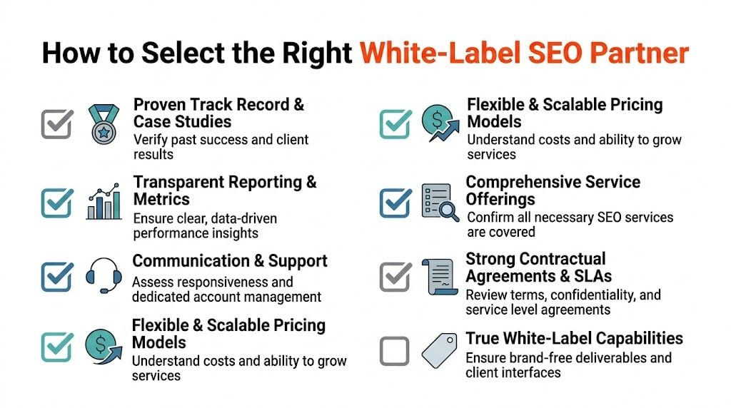 A checklist infographic outlining key factors for choosing a reliable white-label SEO partner for businesses.