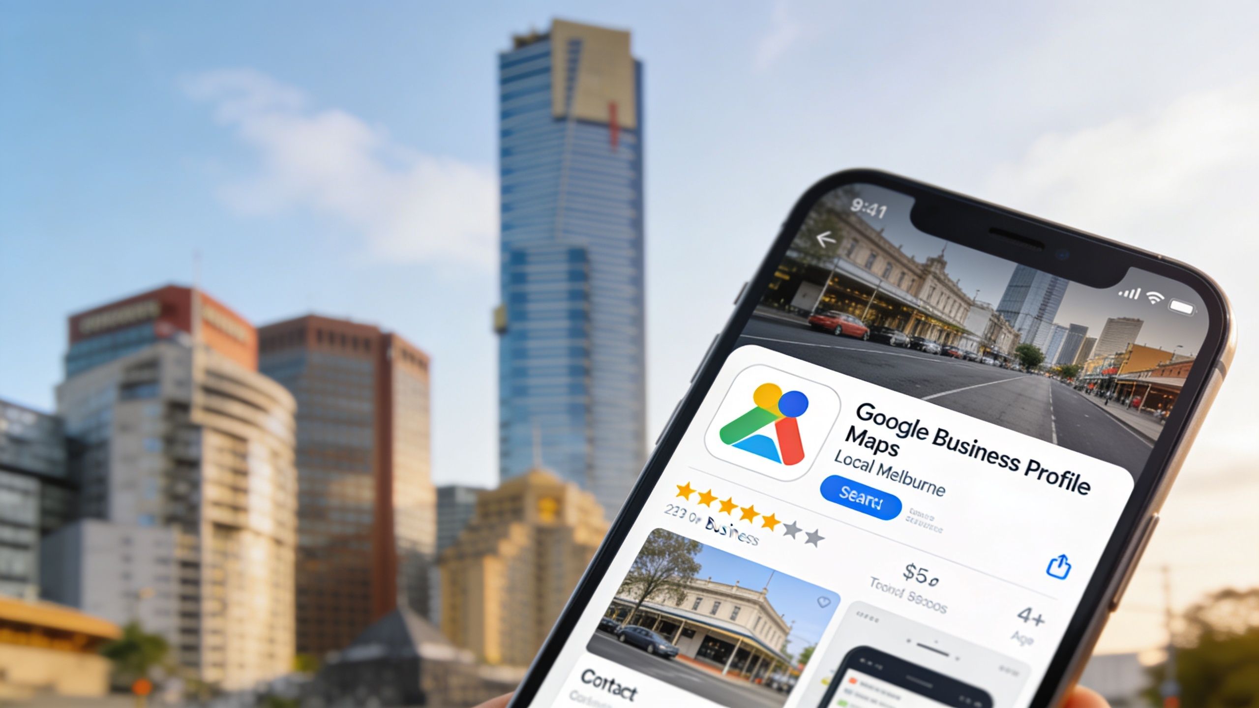 A smartphone screen displaying a Google Business Profile app interface with a Melbourne cityscape background.