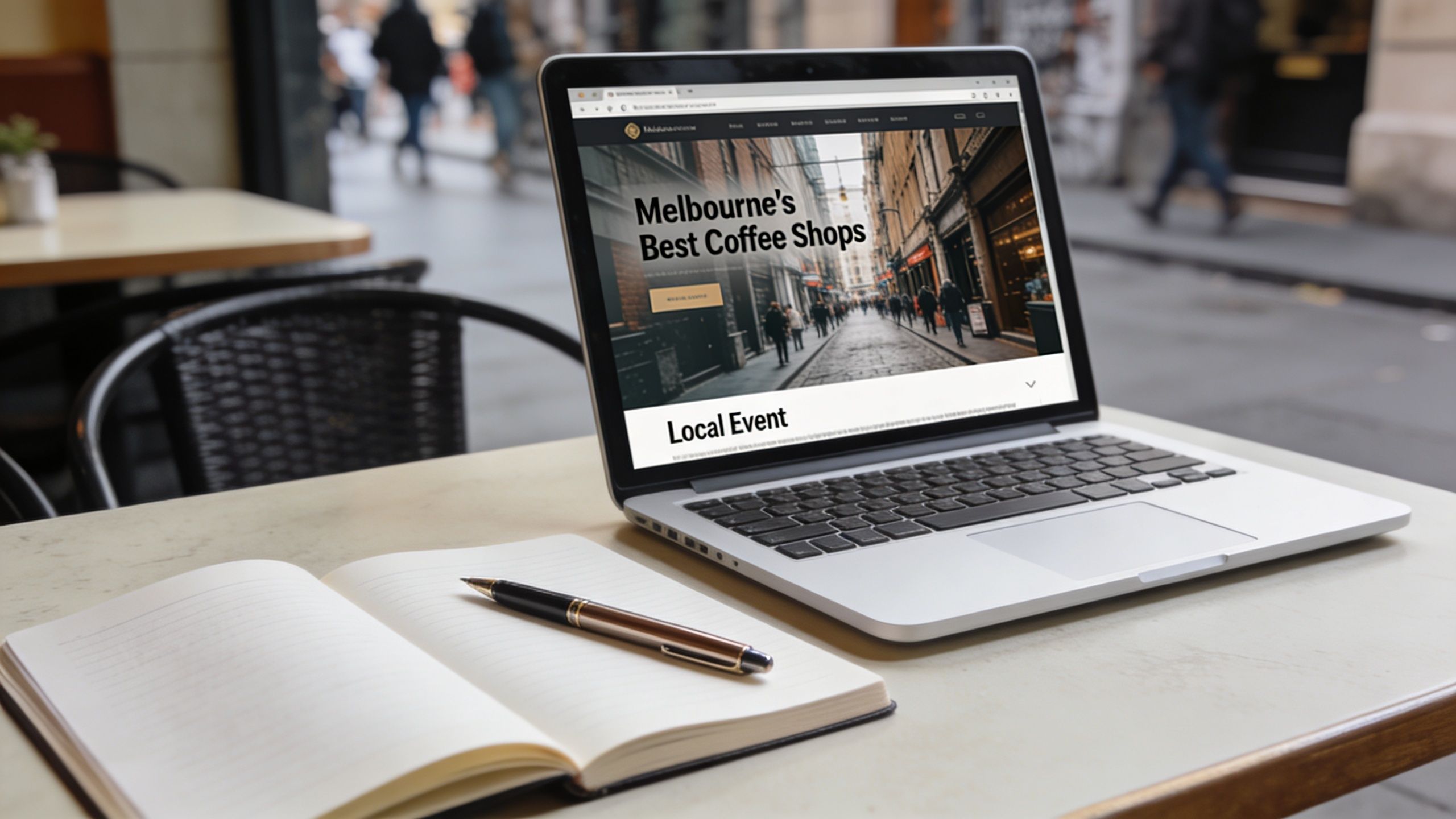 A silver laptop displaying a Melbourne coffee shops website sitting on a cafe table with a notebook.