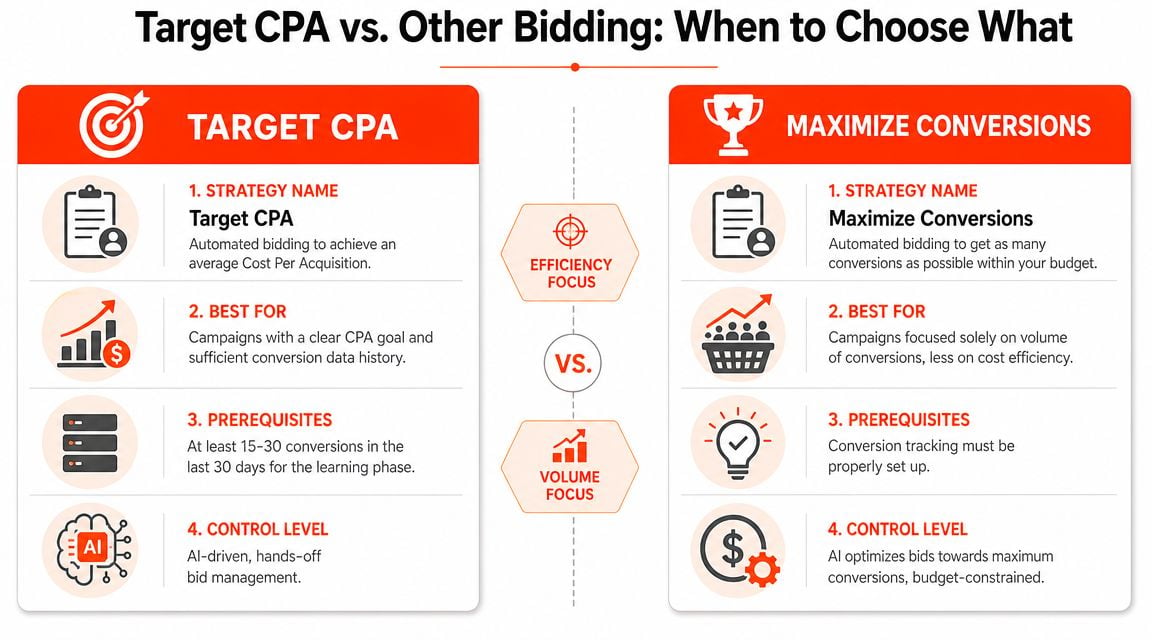A comparative infographic showing the differences between Target CPA and Maximize Conversions automated bidding strategies.