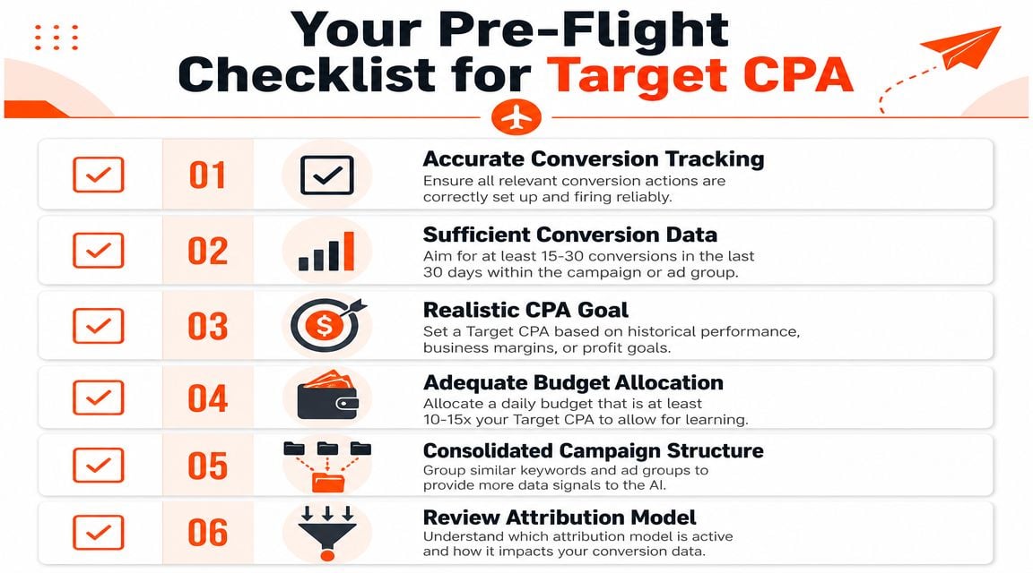 A checklist infographic titled Your Pre-Flight Checklist for Target CPA showing six steps for successful advertising campaigns.