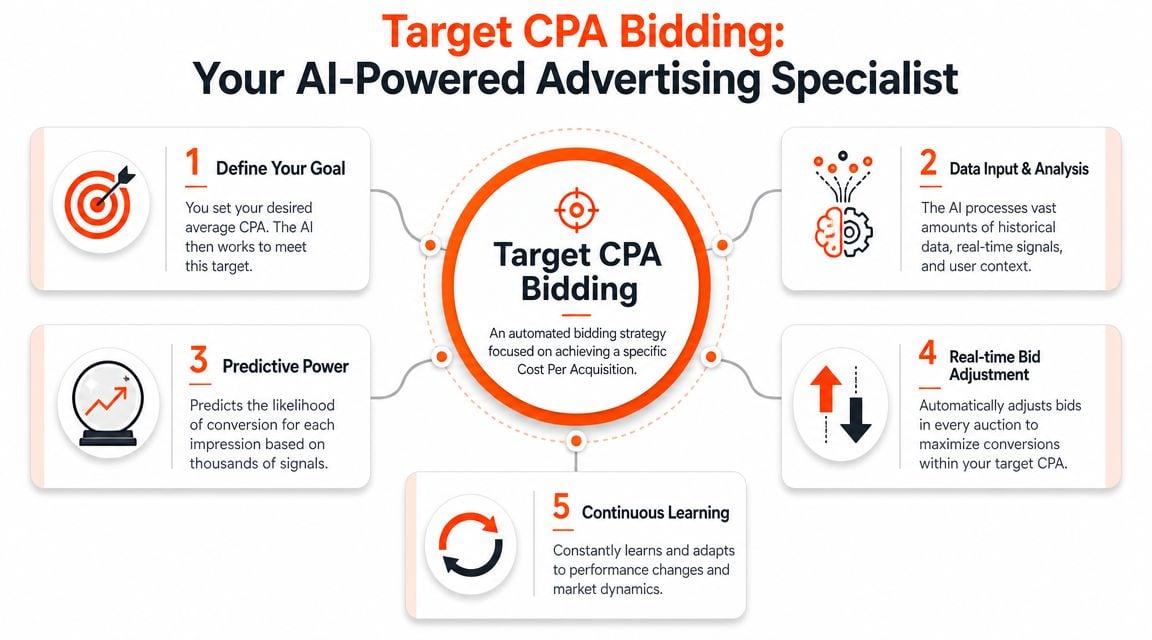 An infographic explaining how AI-powered Target CPA bidding works through five distinct automated optimization steps.