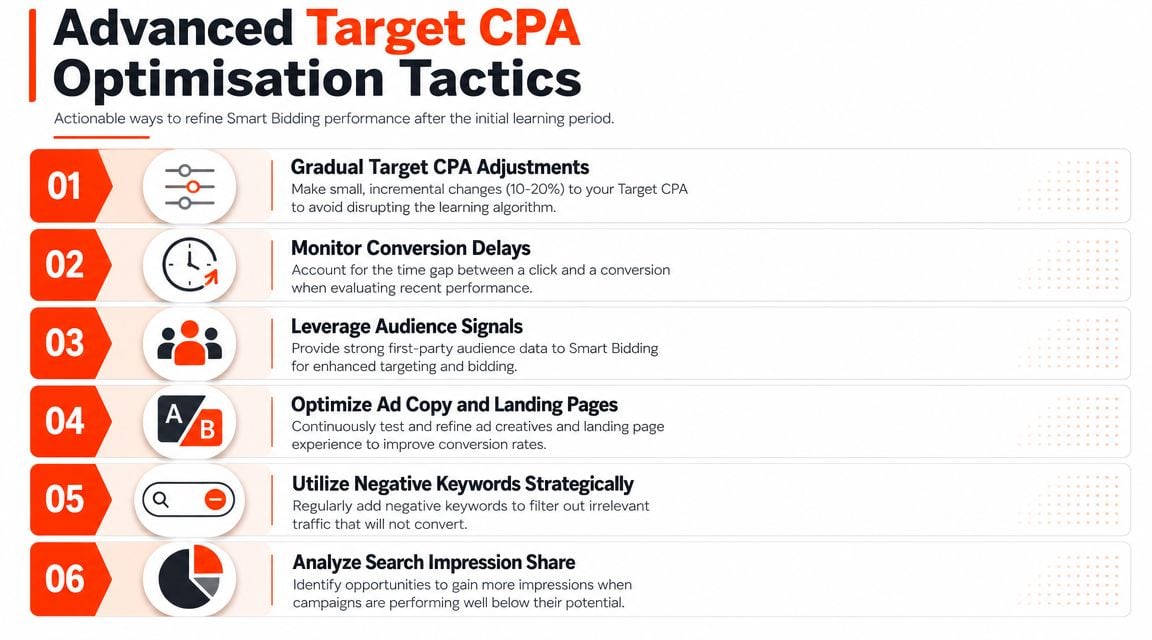A list of six advanced target CPA optimization tactics for smart bidding in digital marketing campaigns.