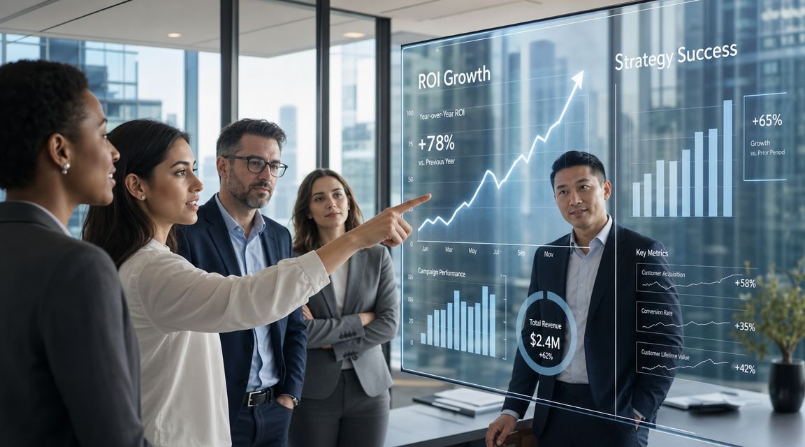 A diverse group of business professionals analyzing digital data and ROI growth charts on a glass screen.