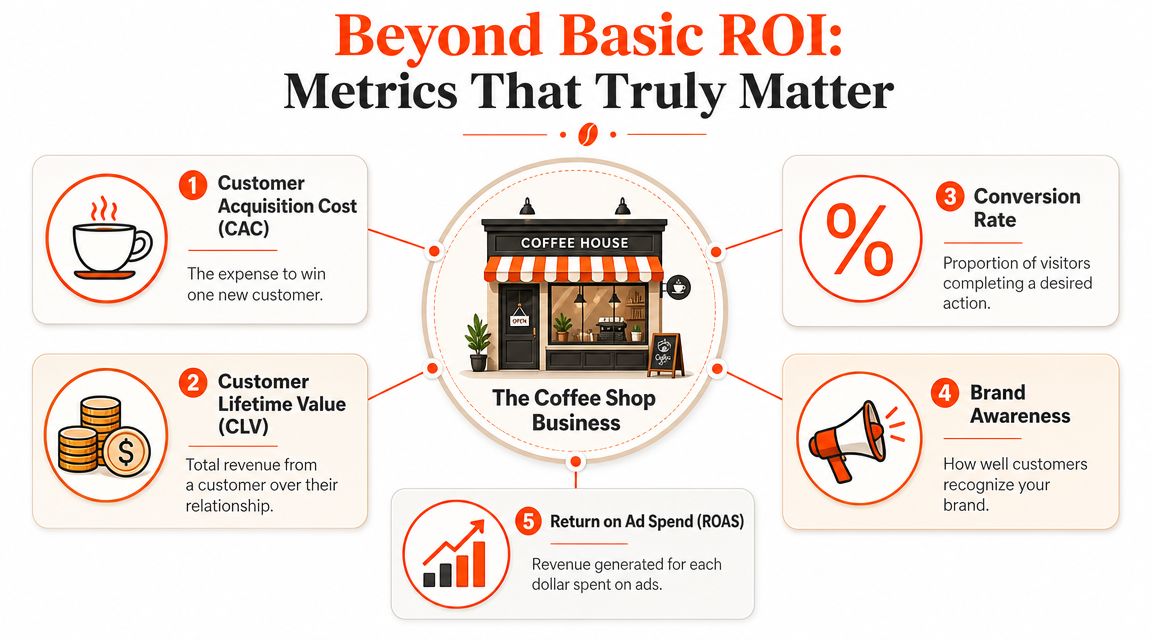 An infographic detailing five key business metrics, including CAC, CLV, conversion rate, brand awareness, and ROAS.