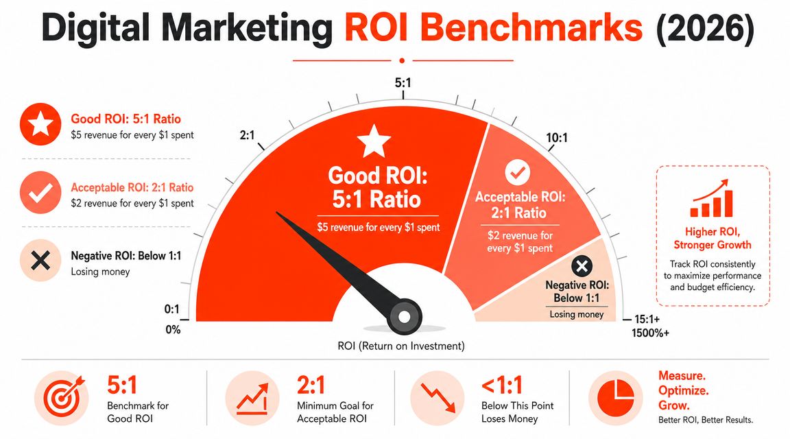 A speedometer infographic illustrating digital marketing ROI benchmarks from negative returns to a strong 5:1 ratio.