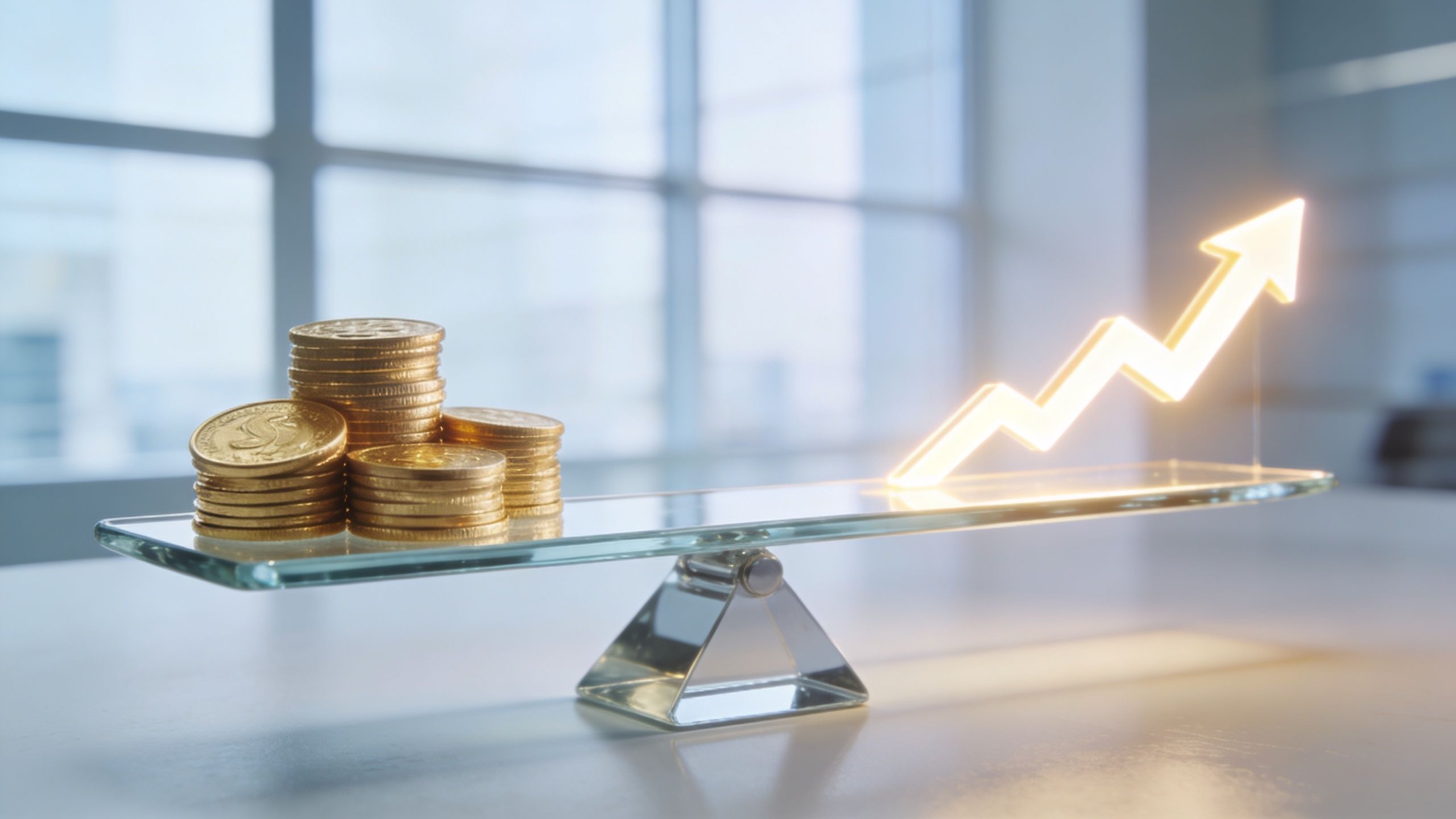 A stack of gold coins balancing against a glowing upward trending arrow on a glass scale.