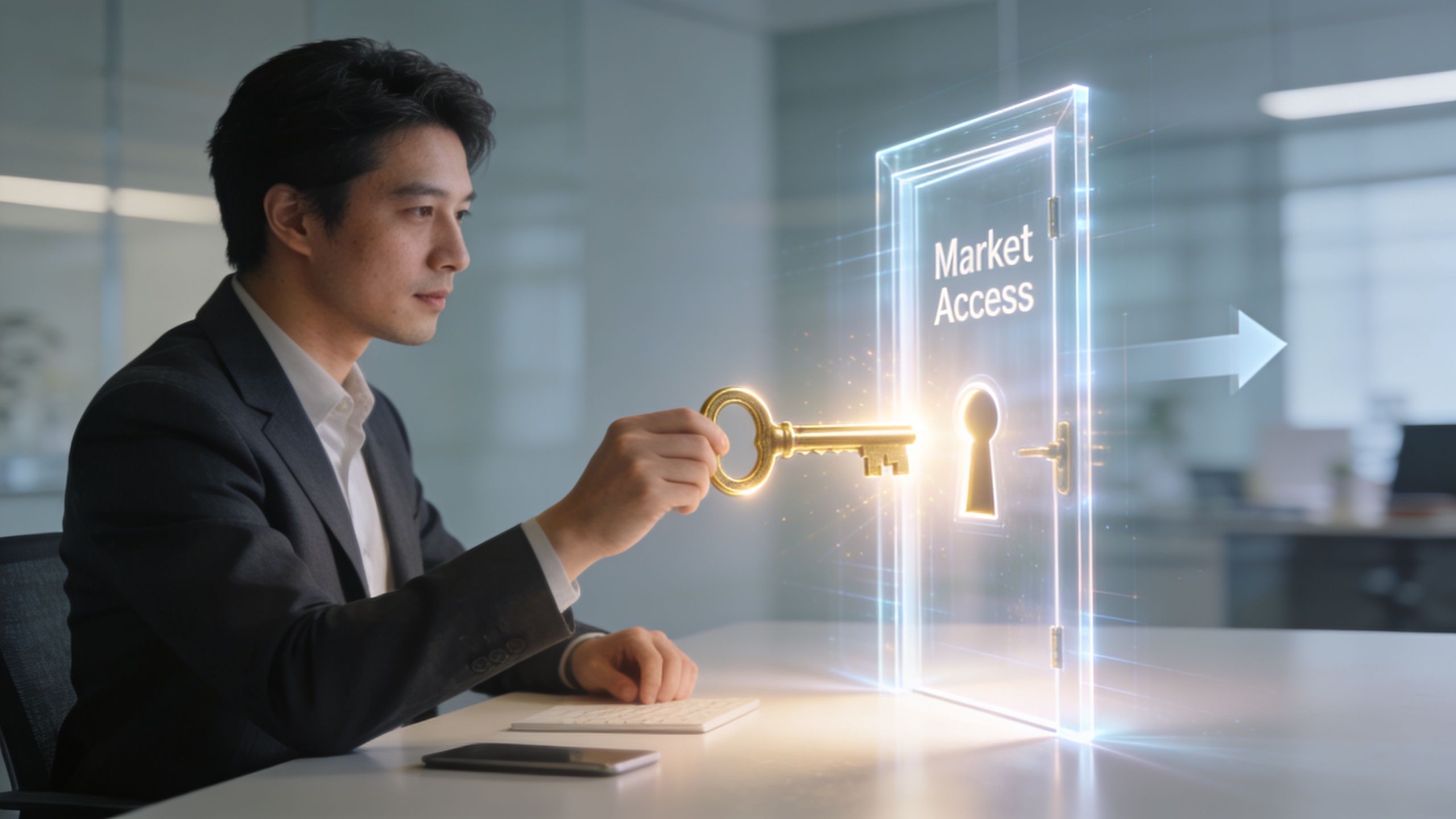 A businessman interacting with a glowing digital door representing market access, using a golden key.