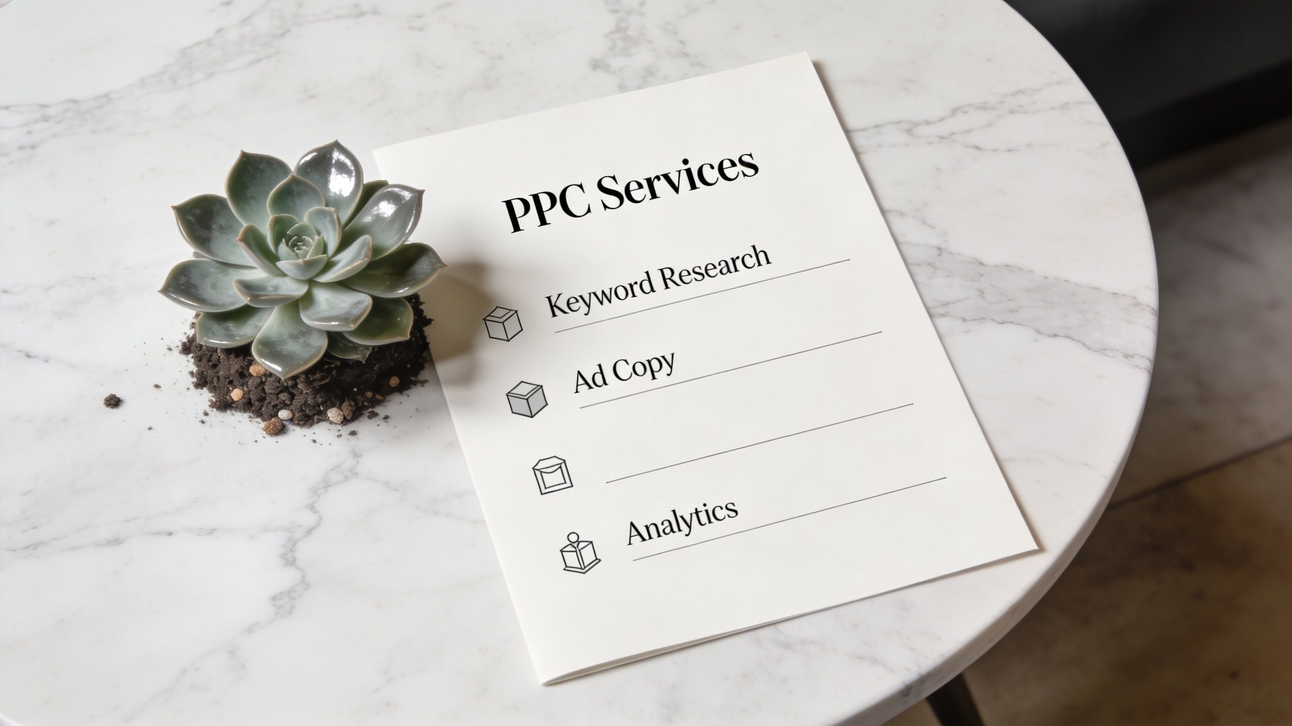 A paper list of PPC services featuring keyword research, ad copy, and analytics resting on a marble table.