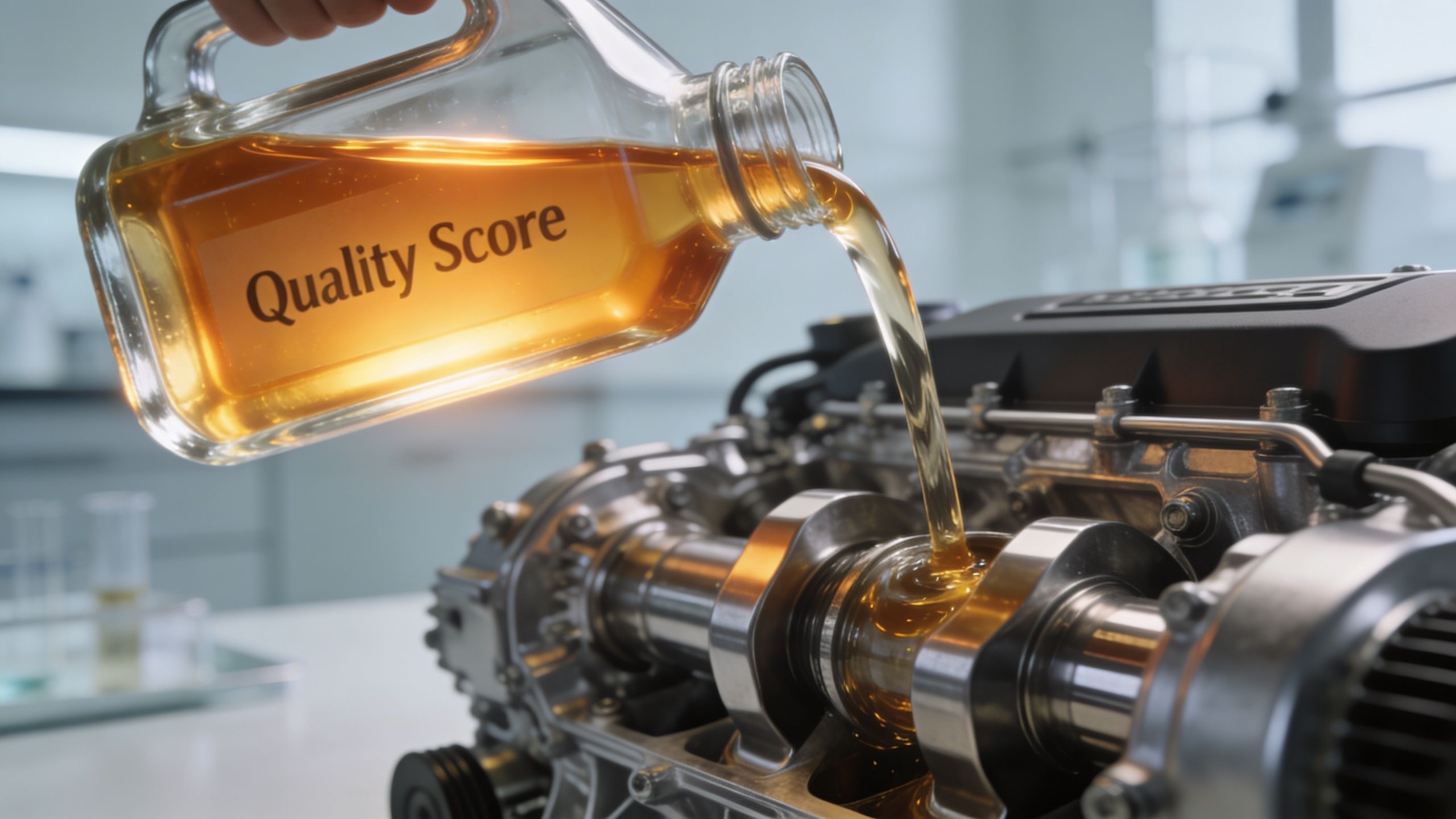 A hand pouring golden oil labeled Quality Score into the mechanical components of a car engine.