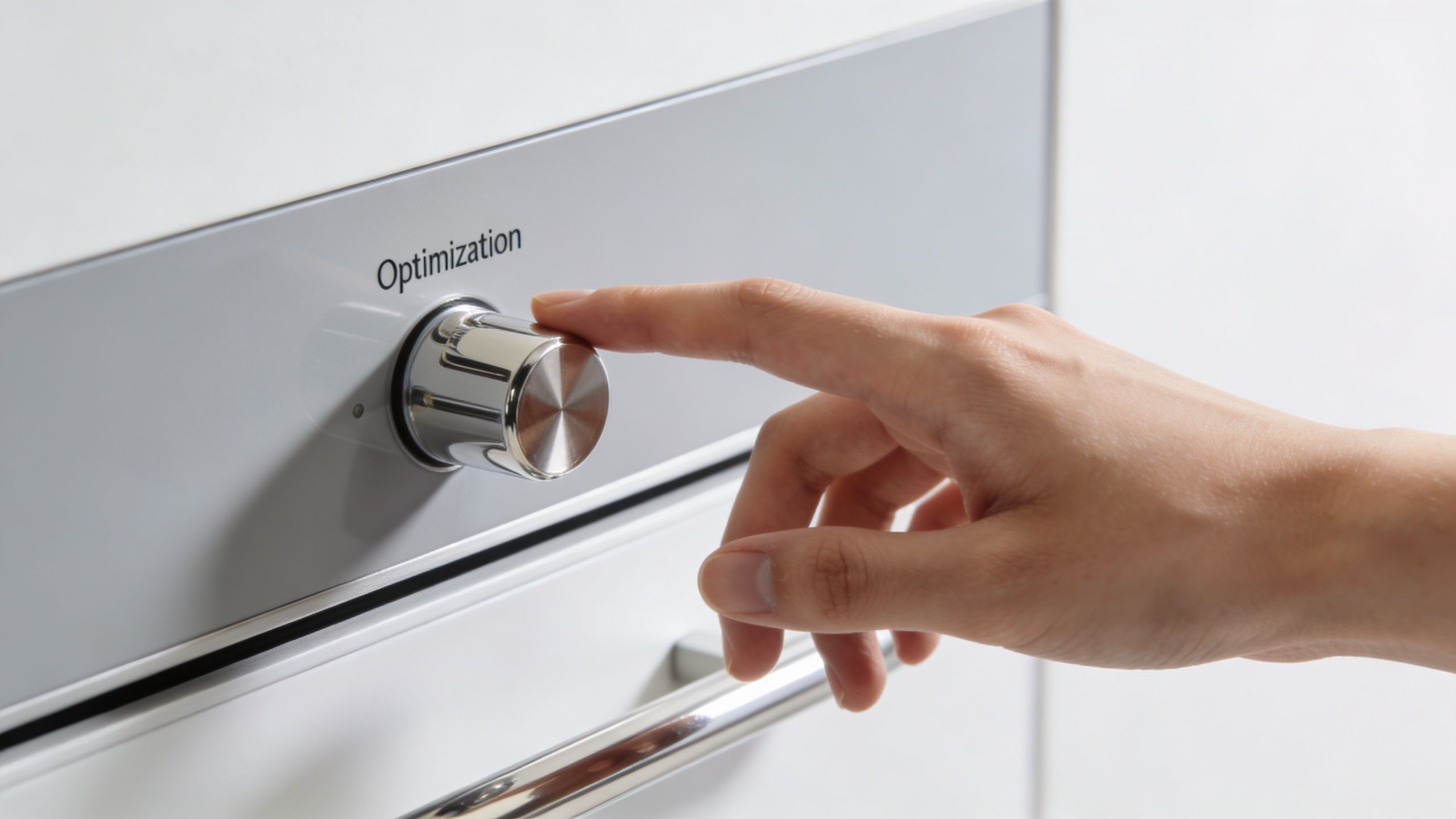 A hand adjusts a chrome dial labeled Optimization on a modern white kitchen appliance control panel.